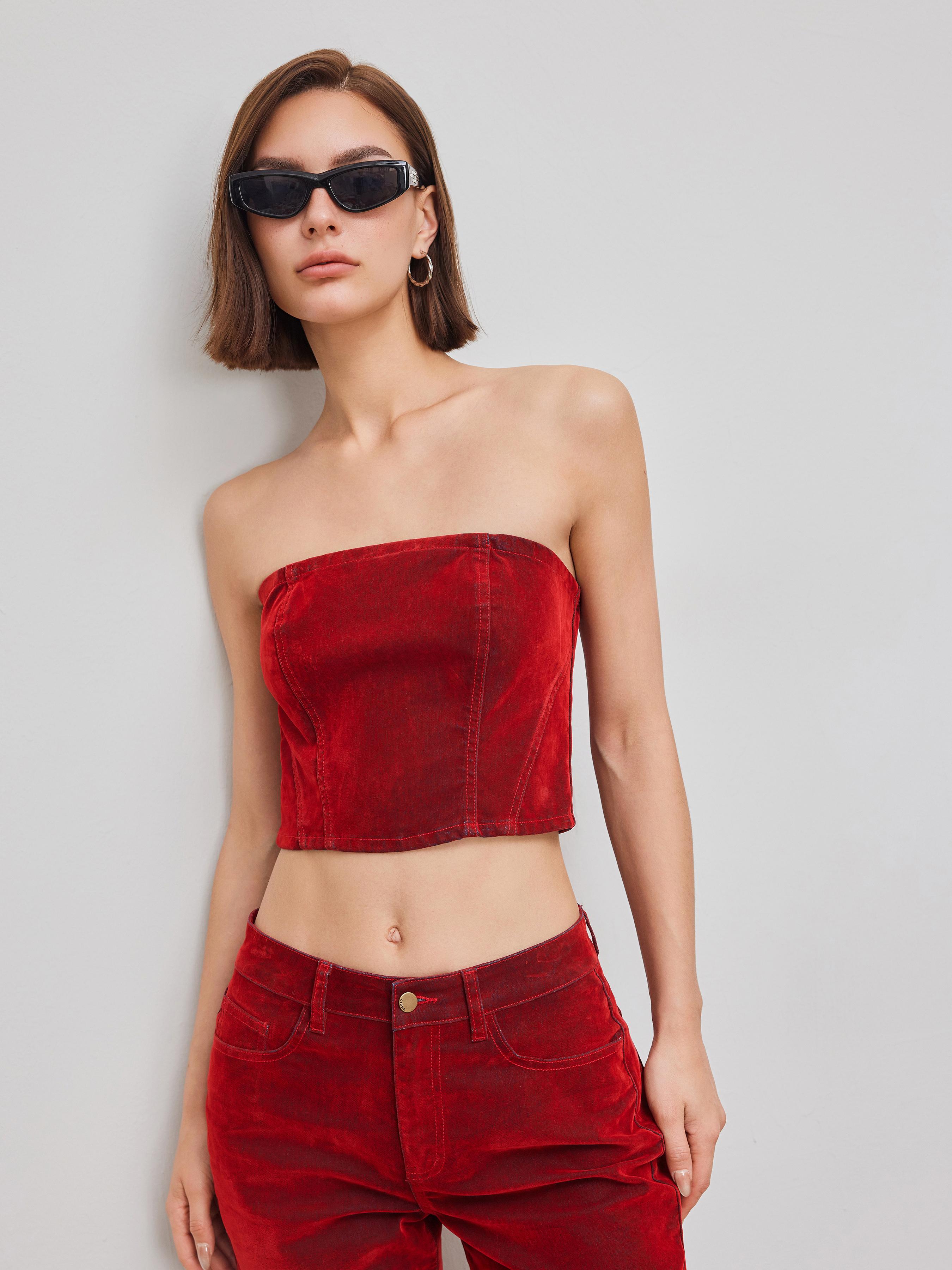 Stretch Denim Zipper Cropped Tube Top by CIDER