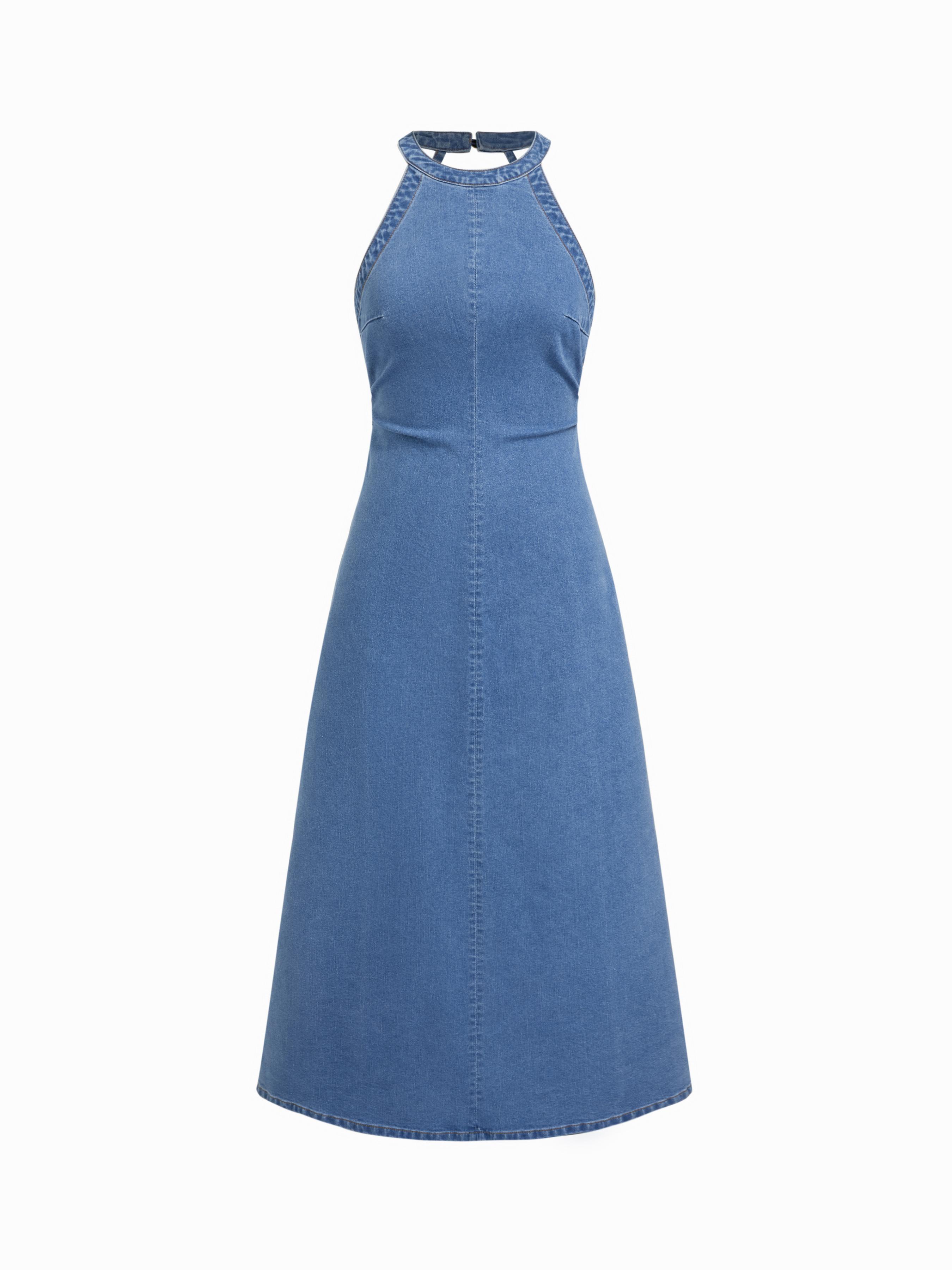 Stretch Washed Denim Halter Neck A-line Maxi Dress by CIDER