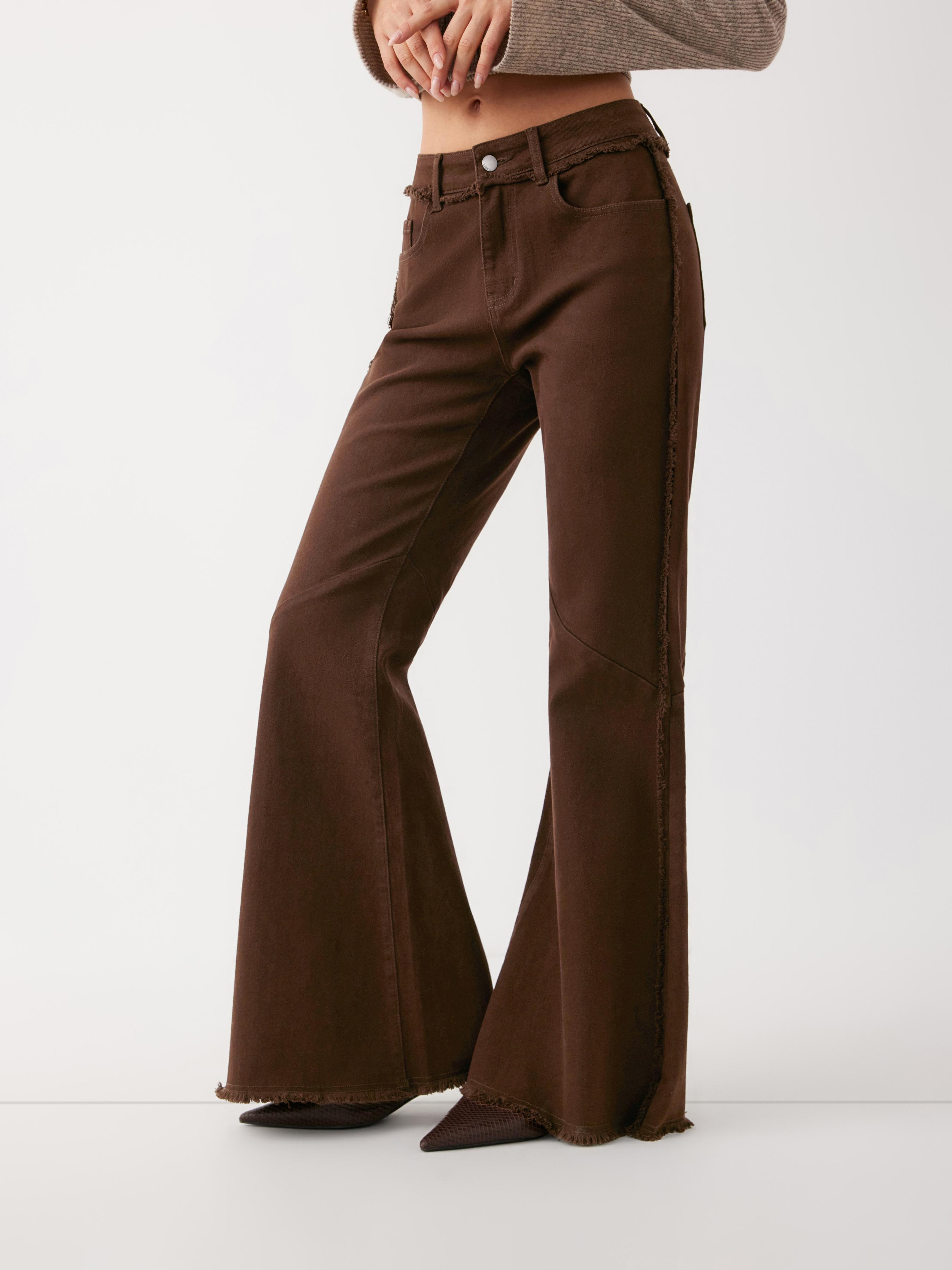 Stretch Washed Denim Low Rise Raw Hem Flared Jeans by CIDER