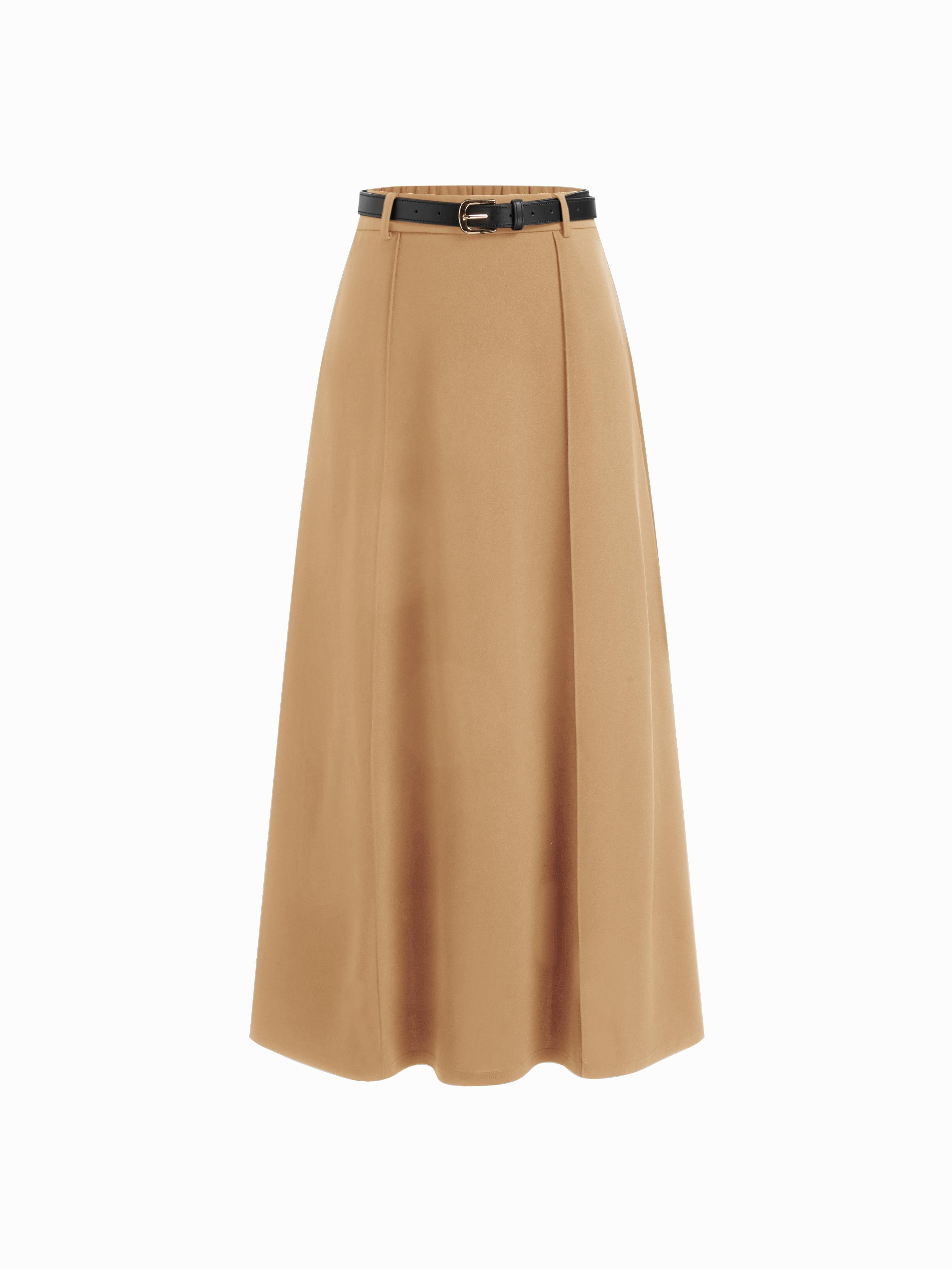 Stretchy Mid Rise Solid Maxi A-line Skirt With Belt by CIDER