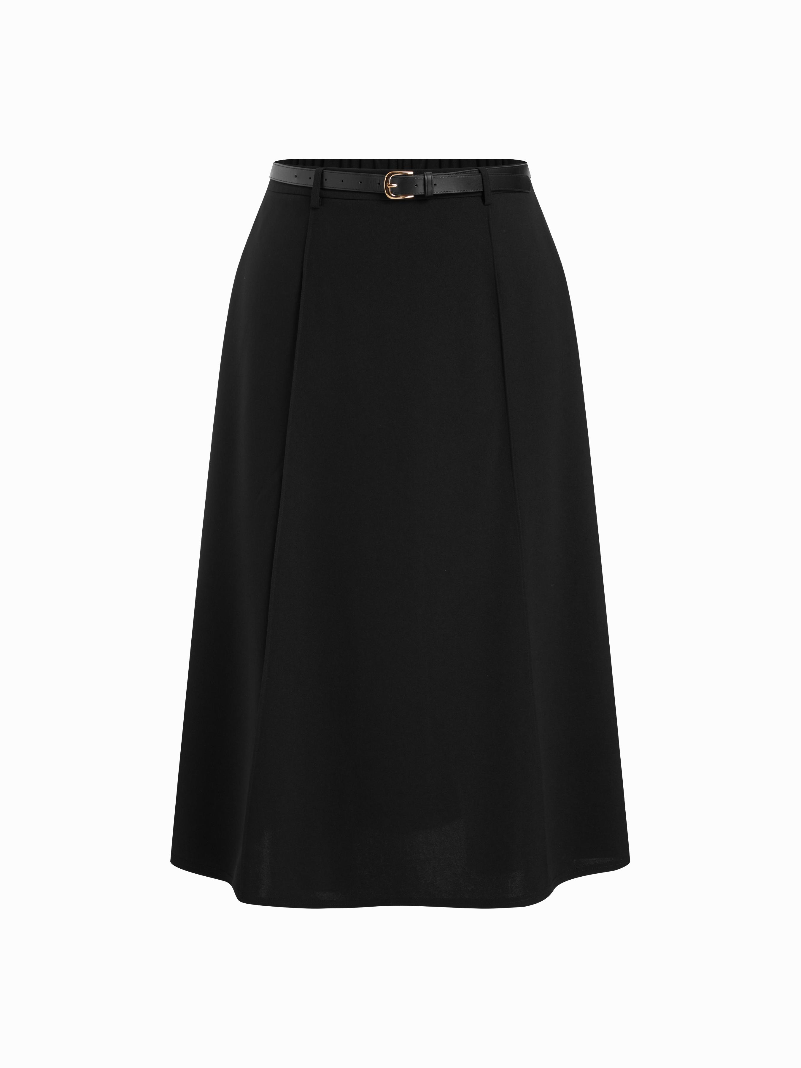 Stretchy Mid Rise Solid Maxi A-line Skirt With Belt Curve & Plus by CIDER