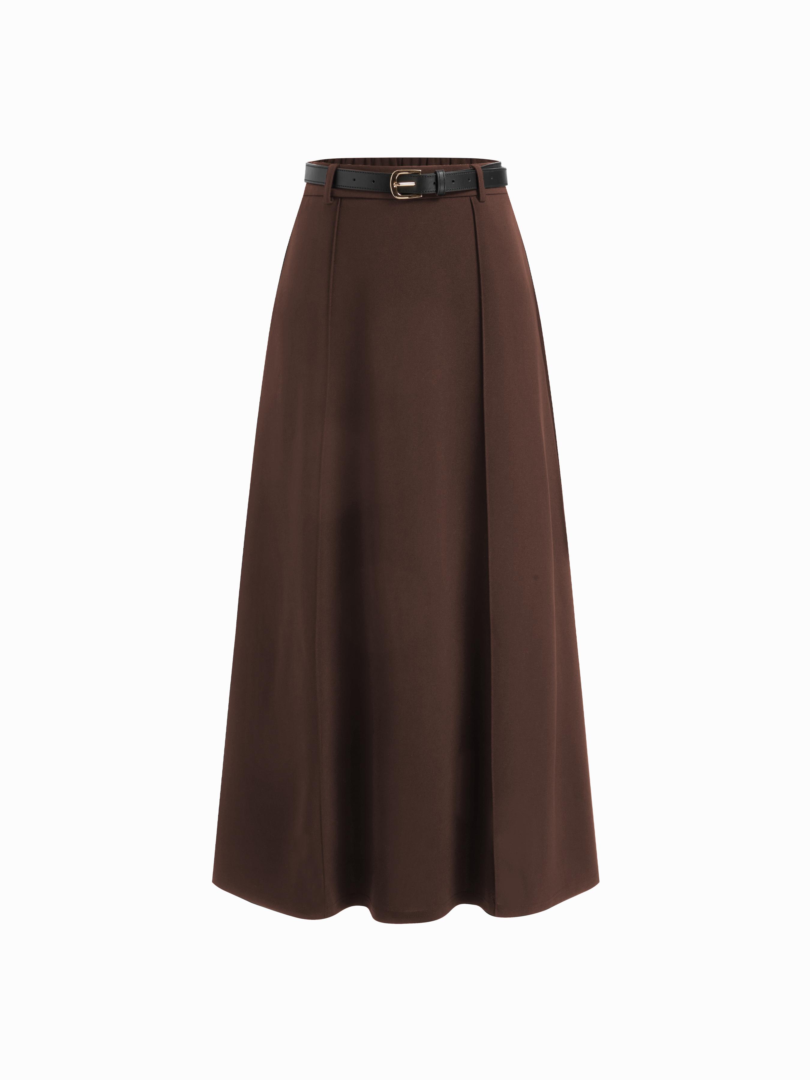 Stretchy Mid Rise Solid Maxi A-line Skirt With Belt by CIDER