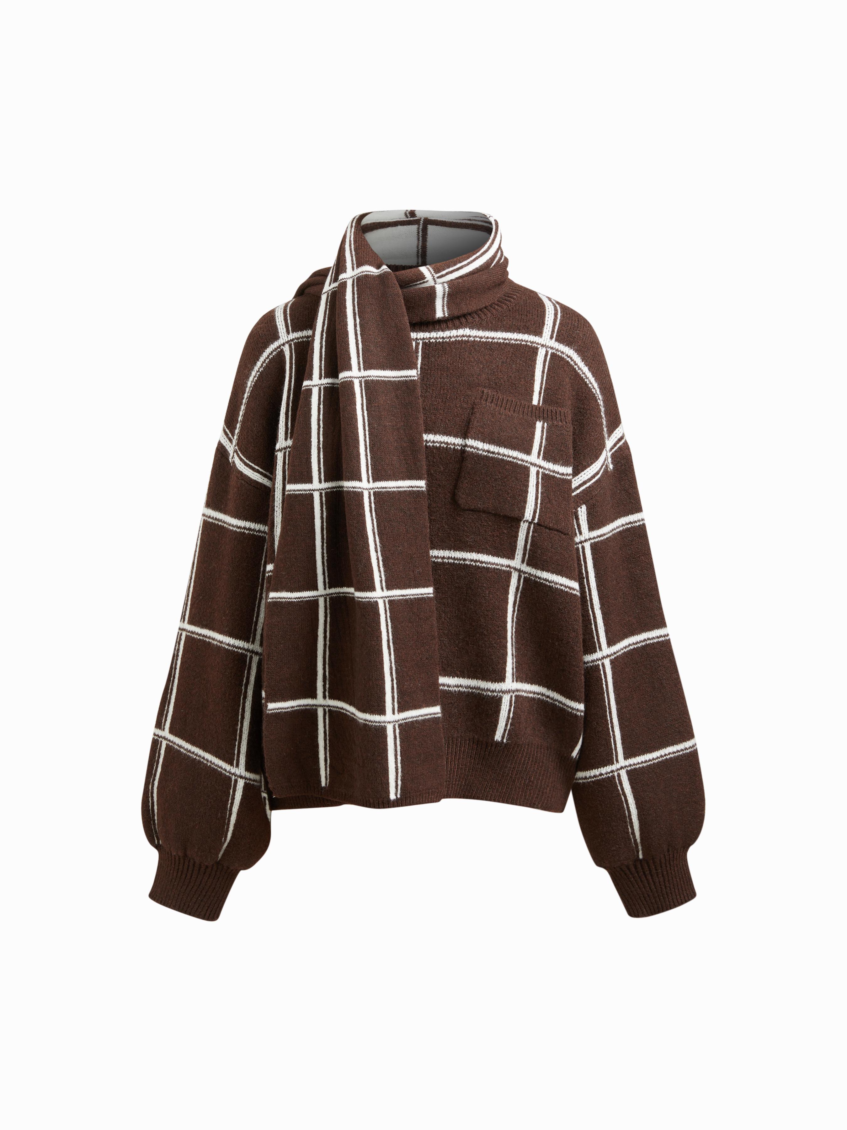 Strick-Wollmischung-Kariertes Rundhals-Langarm-Top mit Schal by CIDER