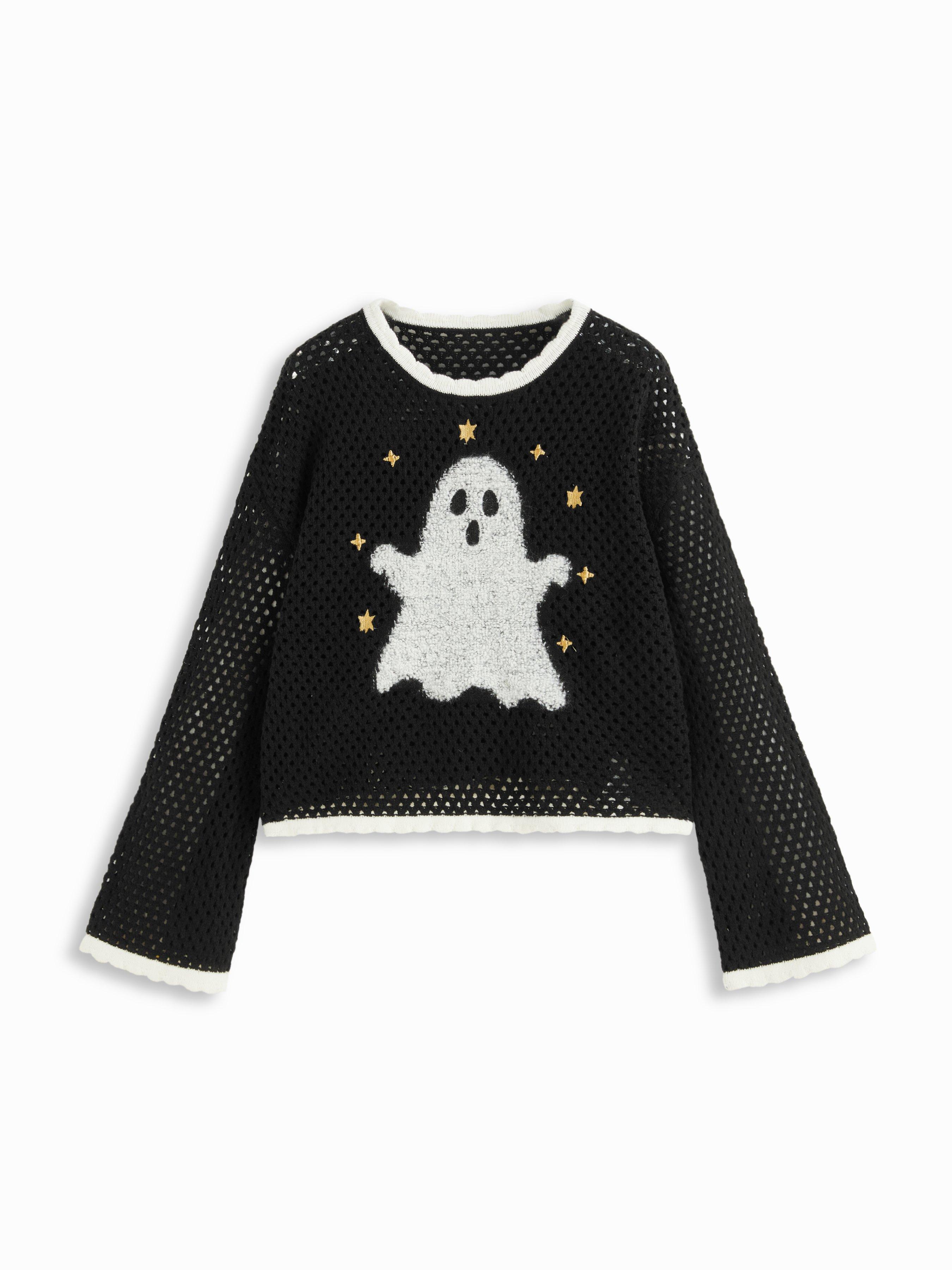 Strickpullover aus Baumwoll-Mix mit Ghost-Graphic, kontrastierenden Einfassungen, Loch-Design, oversized by CIDER