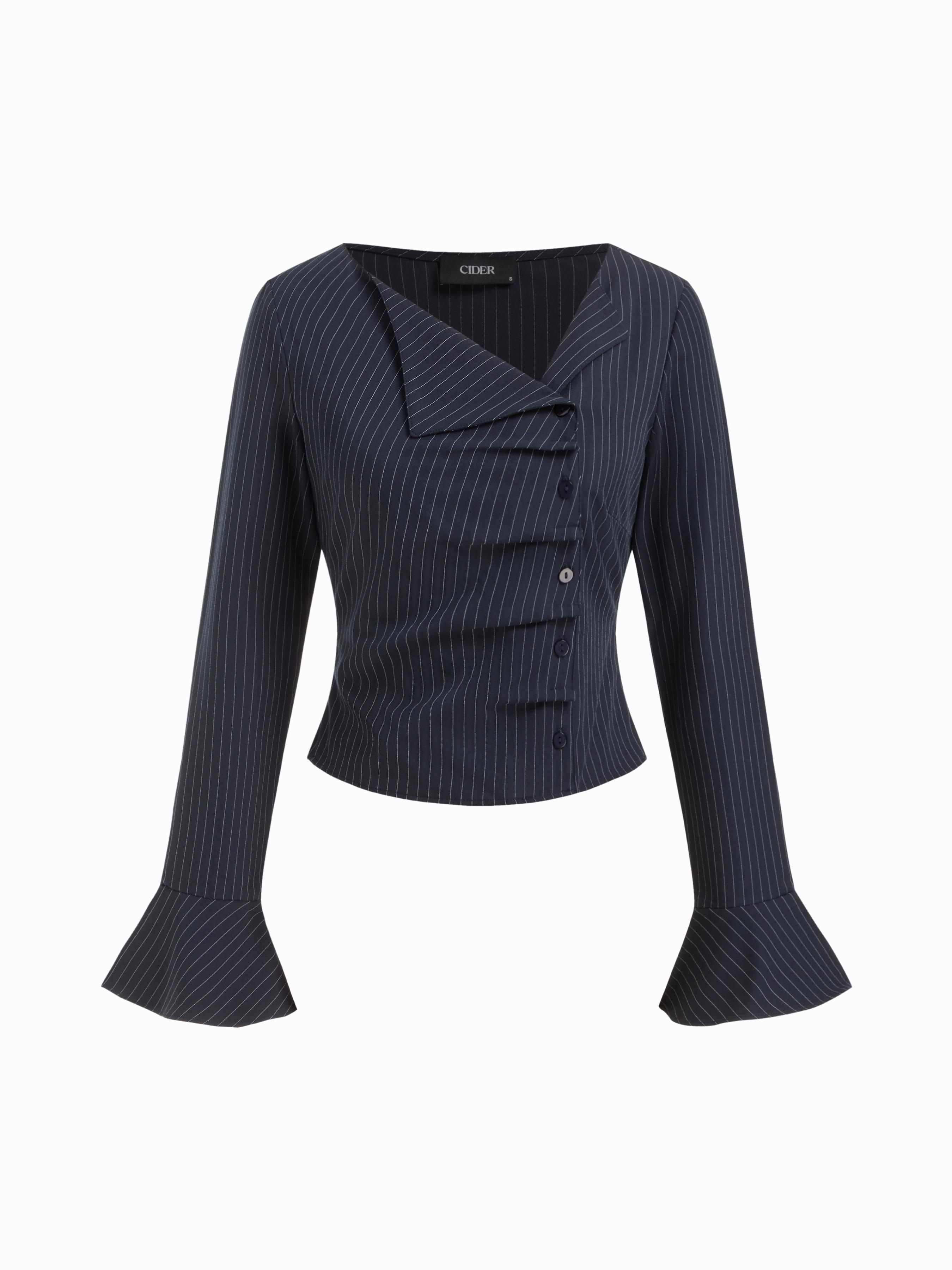 Stripe Asymmetrical Neck Ruffle Sleeve Ruched Blouse by CIDER