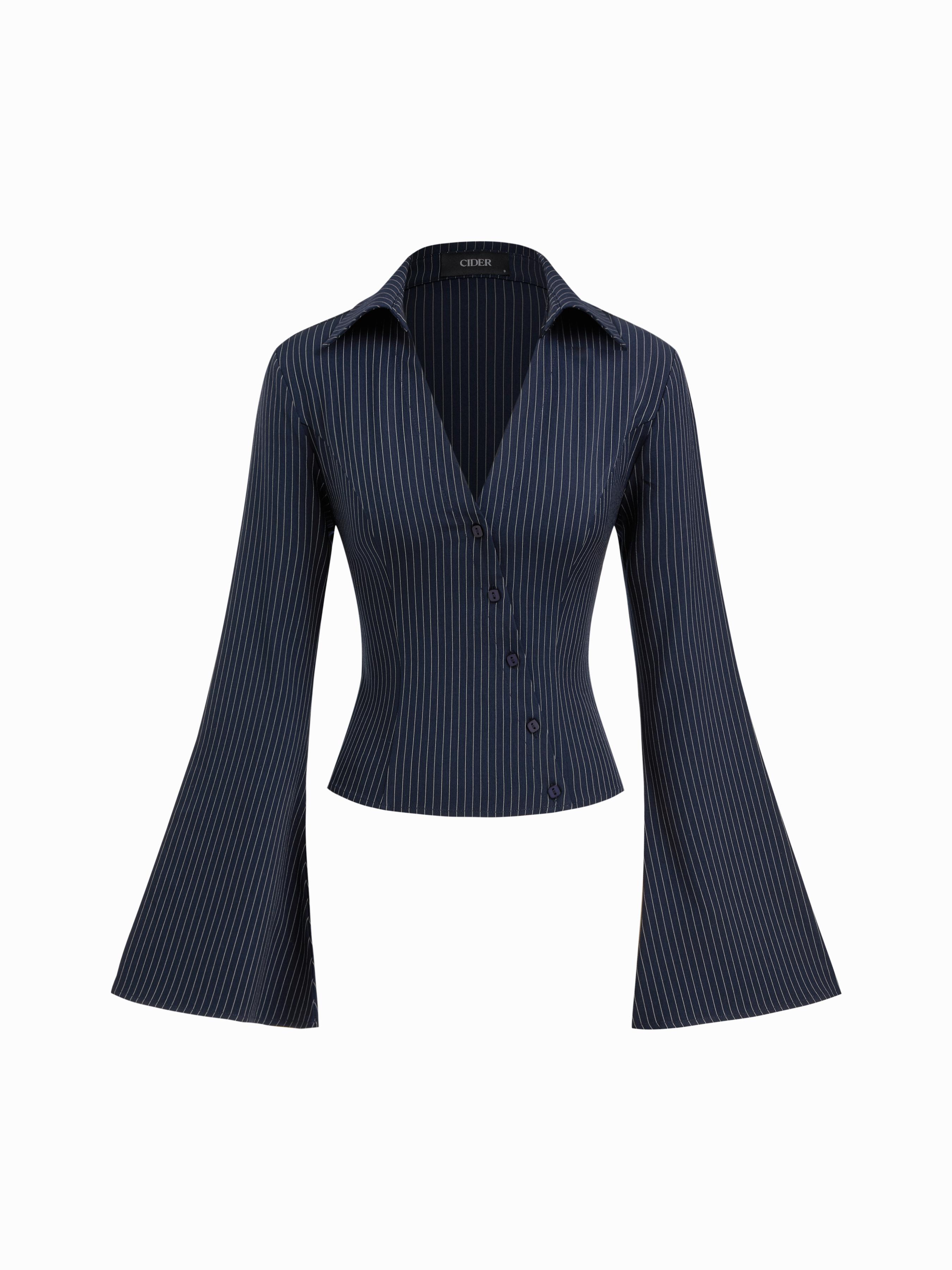 Stripe Collar V-neck Bell Sleeve Asymmetrical Button Shirt by CIDER
