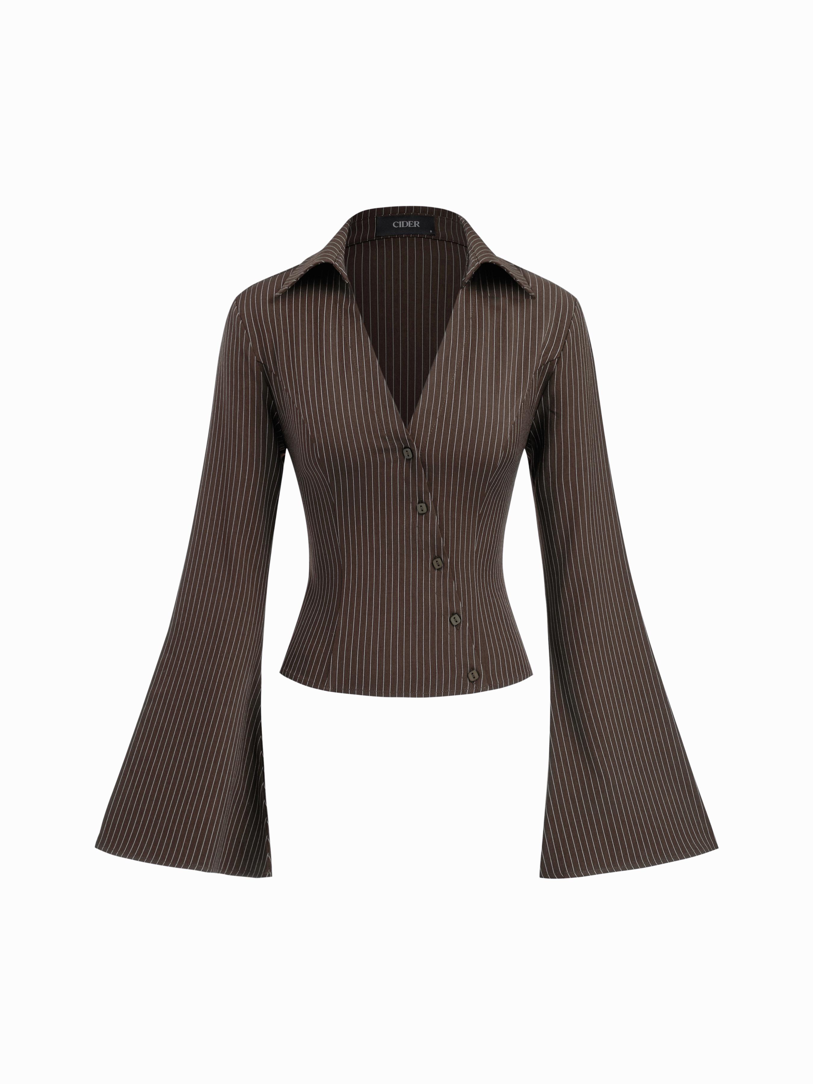 Stripe Collar V-neck Bell Sleeve Asymmetrical Button Shirt by CIDER