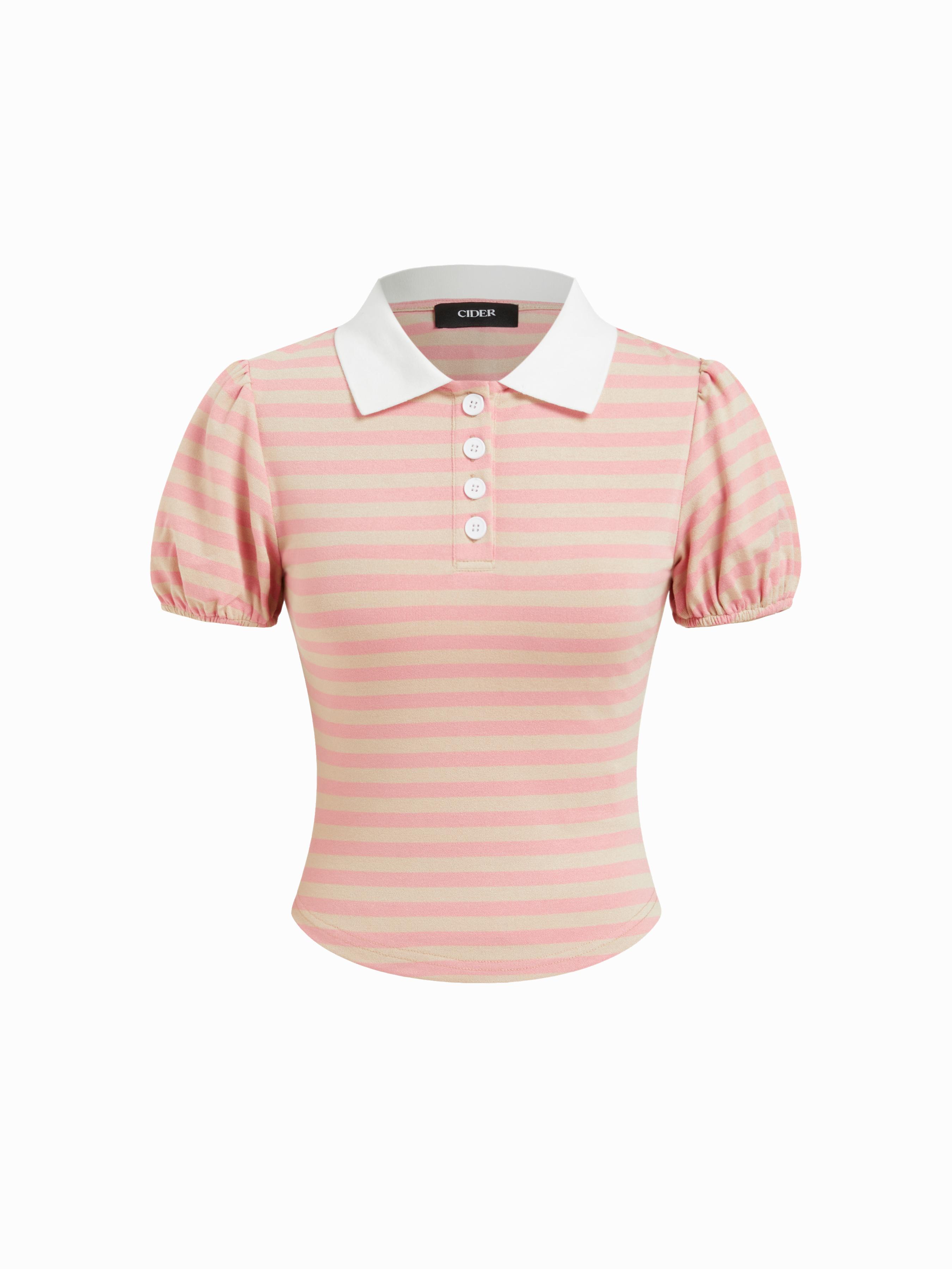 Stripe Color-Blocked Polo Puff Sleeve Top by CIDER