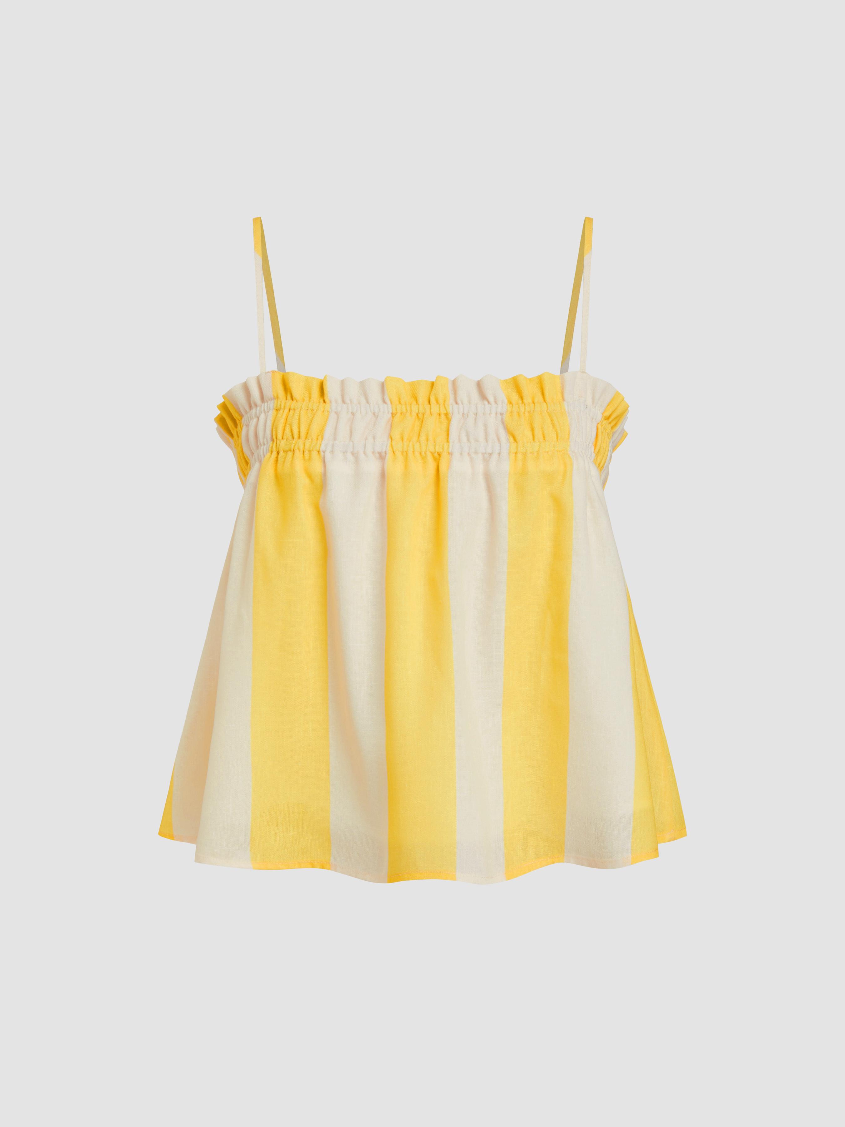Stripe Shirred Lettuce Trim Cami Top by CIDER