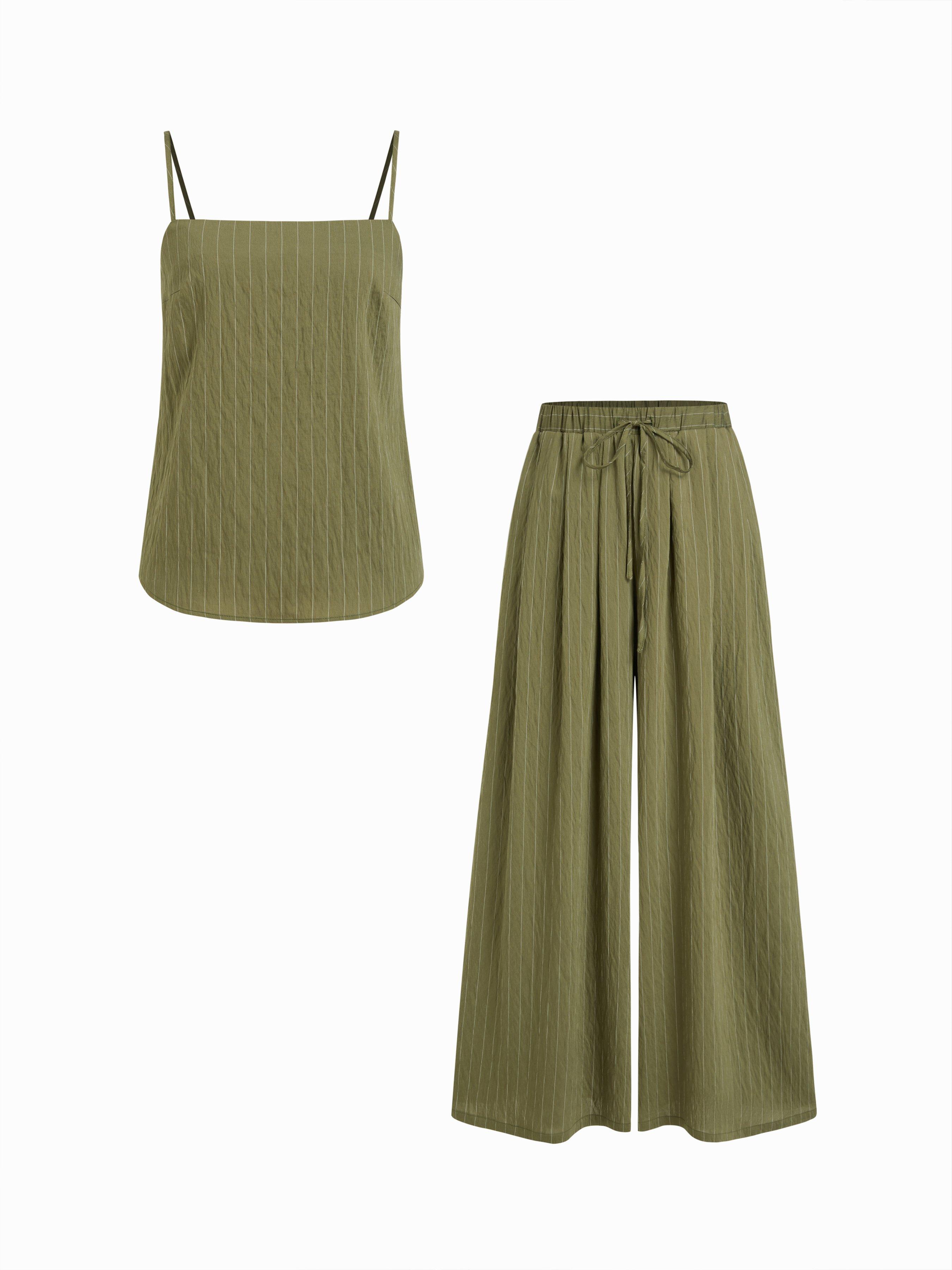 Stripe Square Neck Tank Top & Drawstring Wide Leg Trousers Set by CIDER