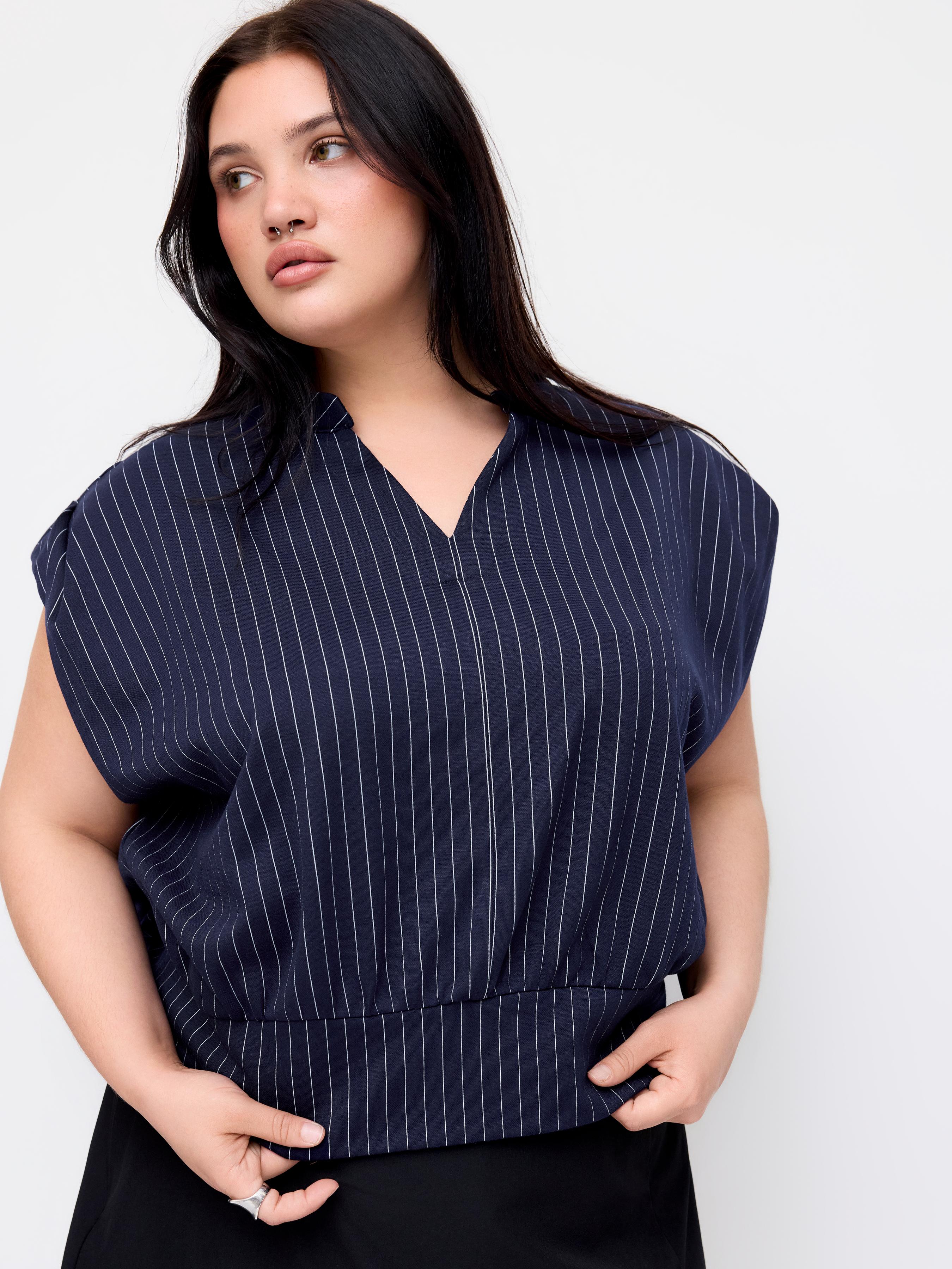 Stripe Stand Collar Sleeveless Oversized Top Curve & Plus by CIDER