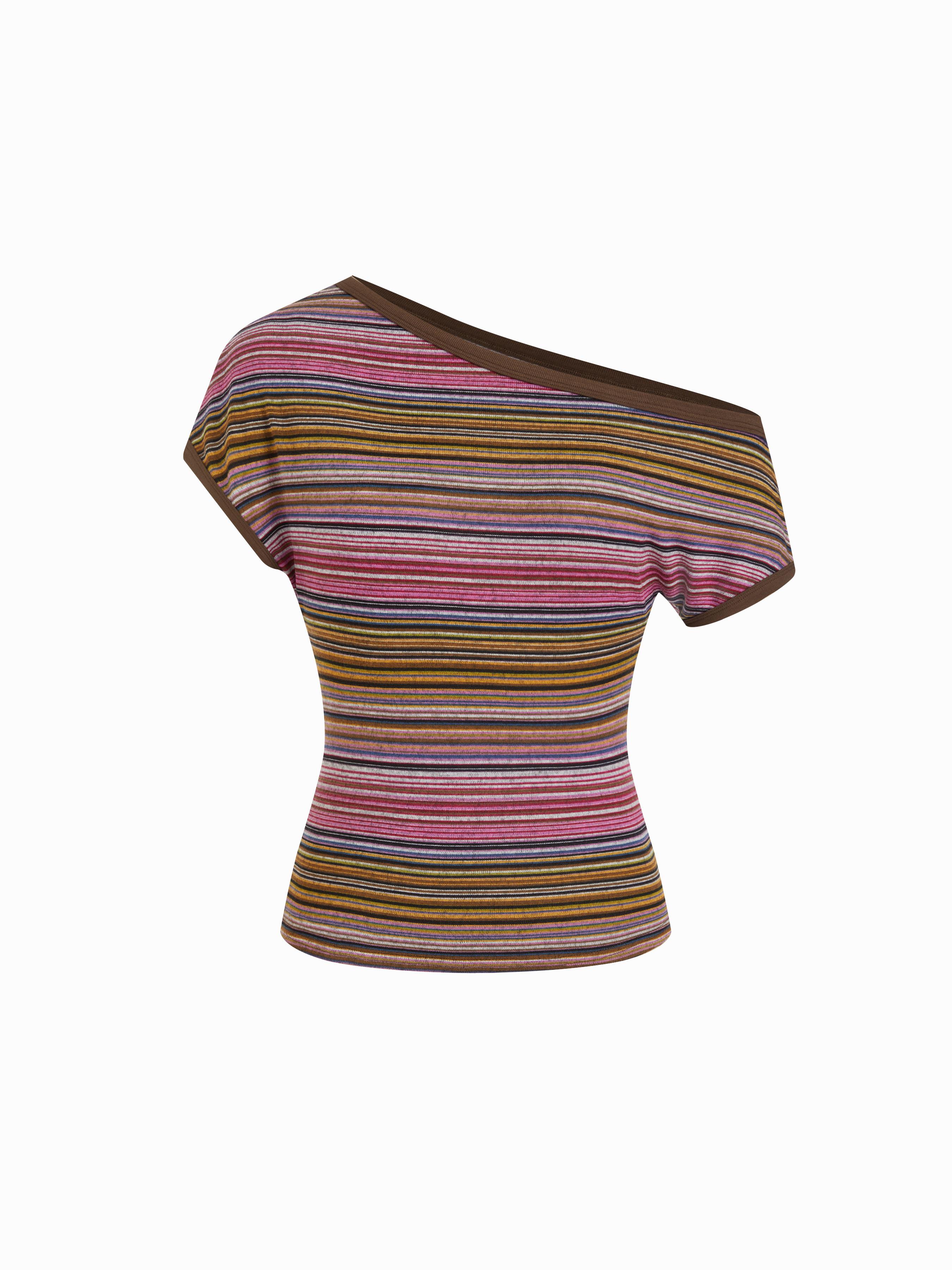 Striped Asymmetrical Neck Short Sleeve Top by CIDER