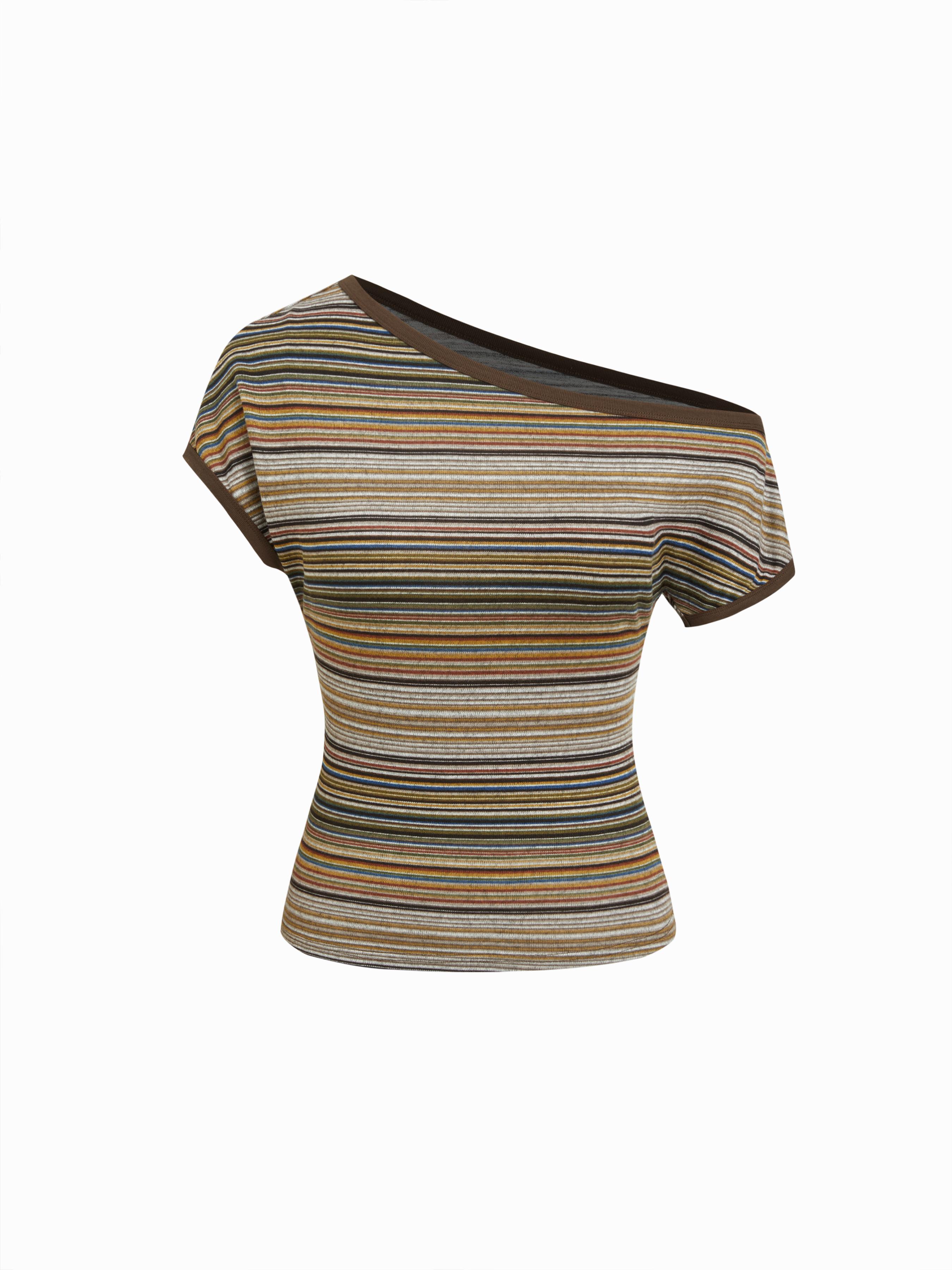 Striped Asymmetrical Neck Short Sleeve Top by CIDER