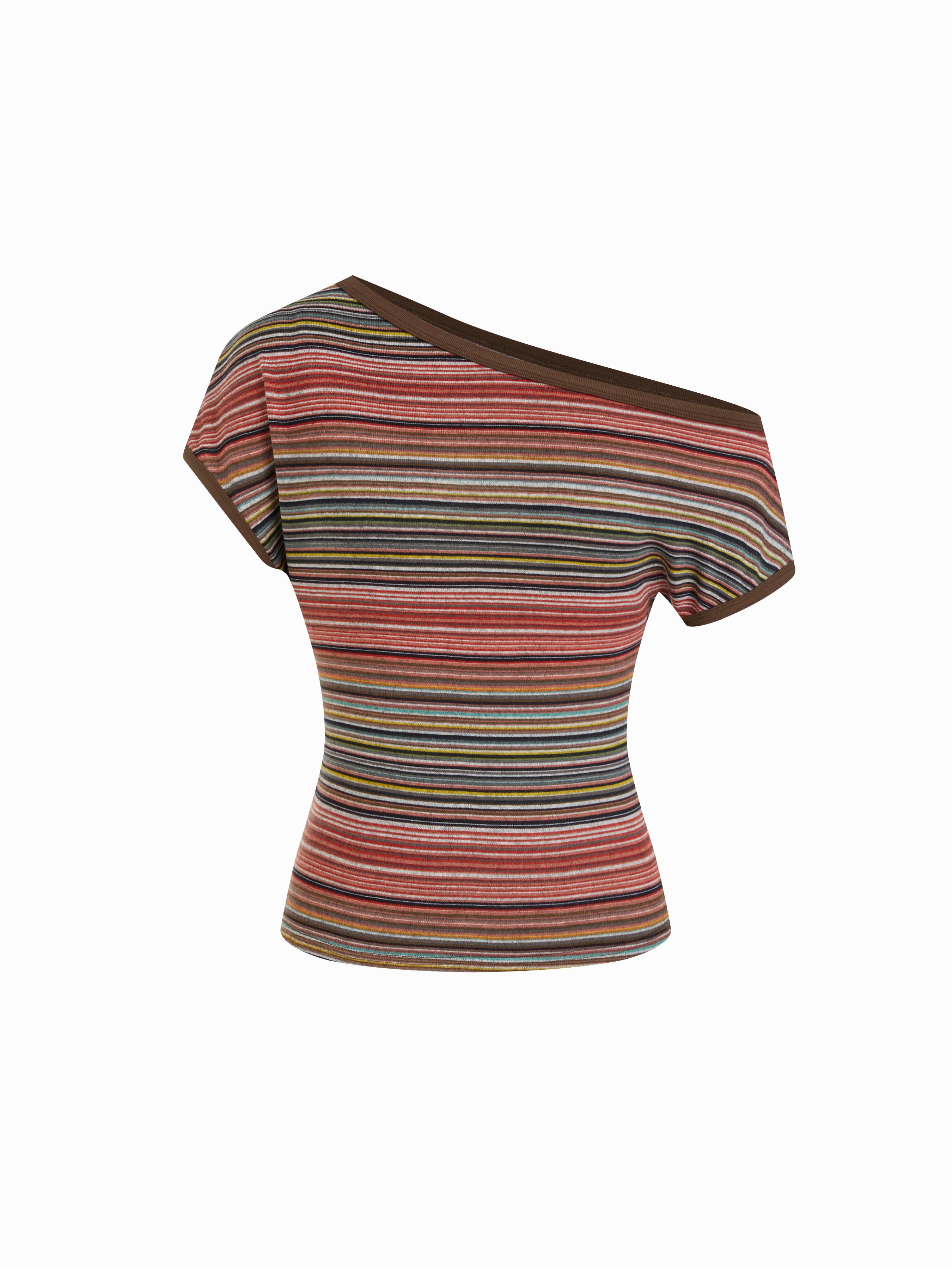 Striped Asymmetrical Neck Short Sleeve Top by CIDER