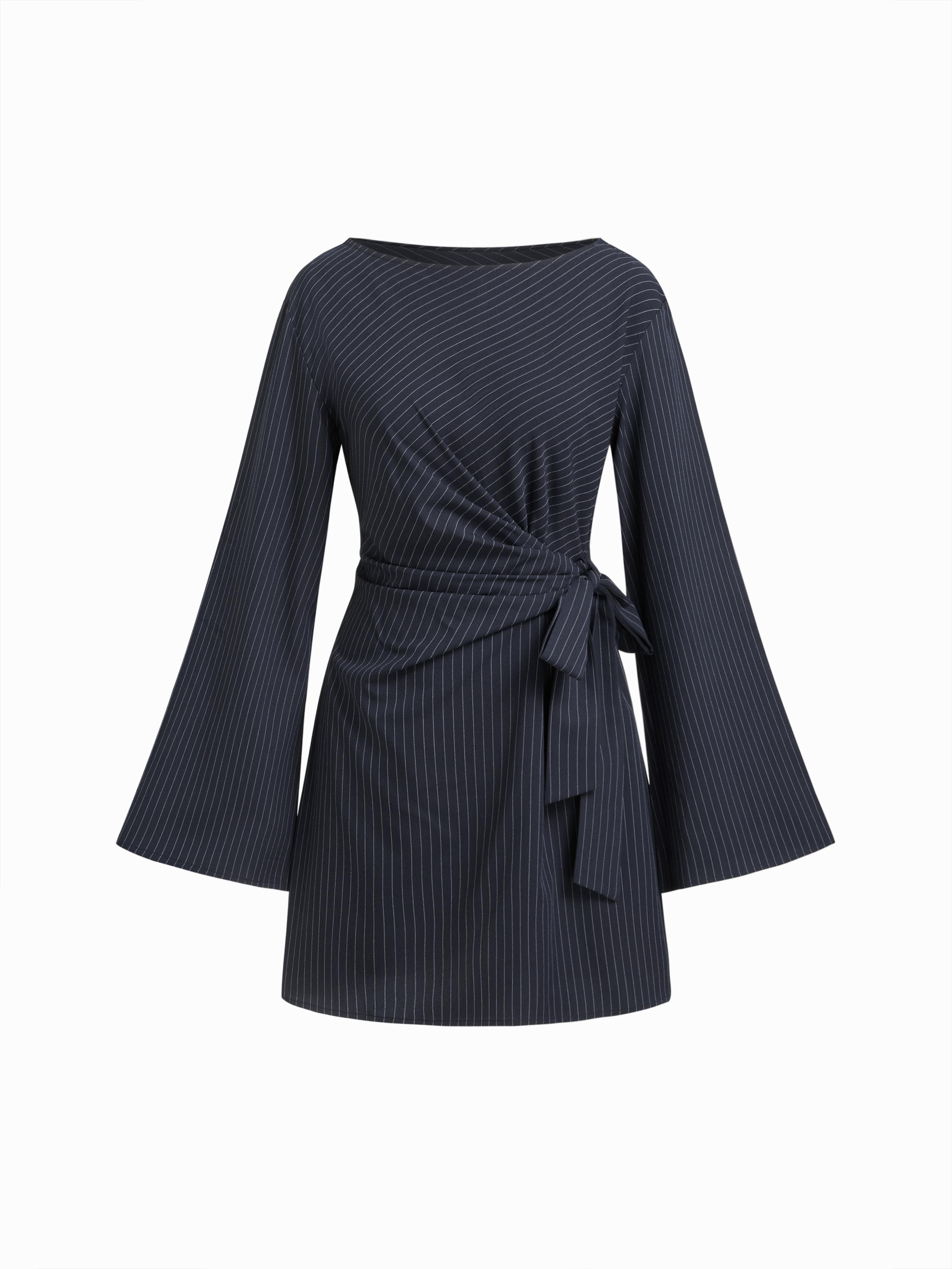 Striped Boat Neck Bell Sleeve Wrap Knotted A-line Mini Dress by CIDER