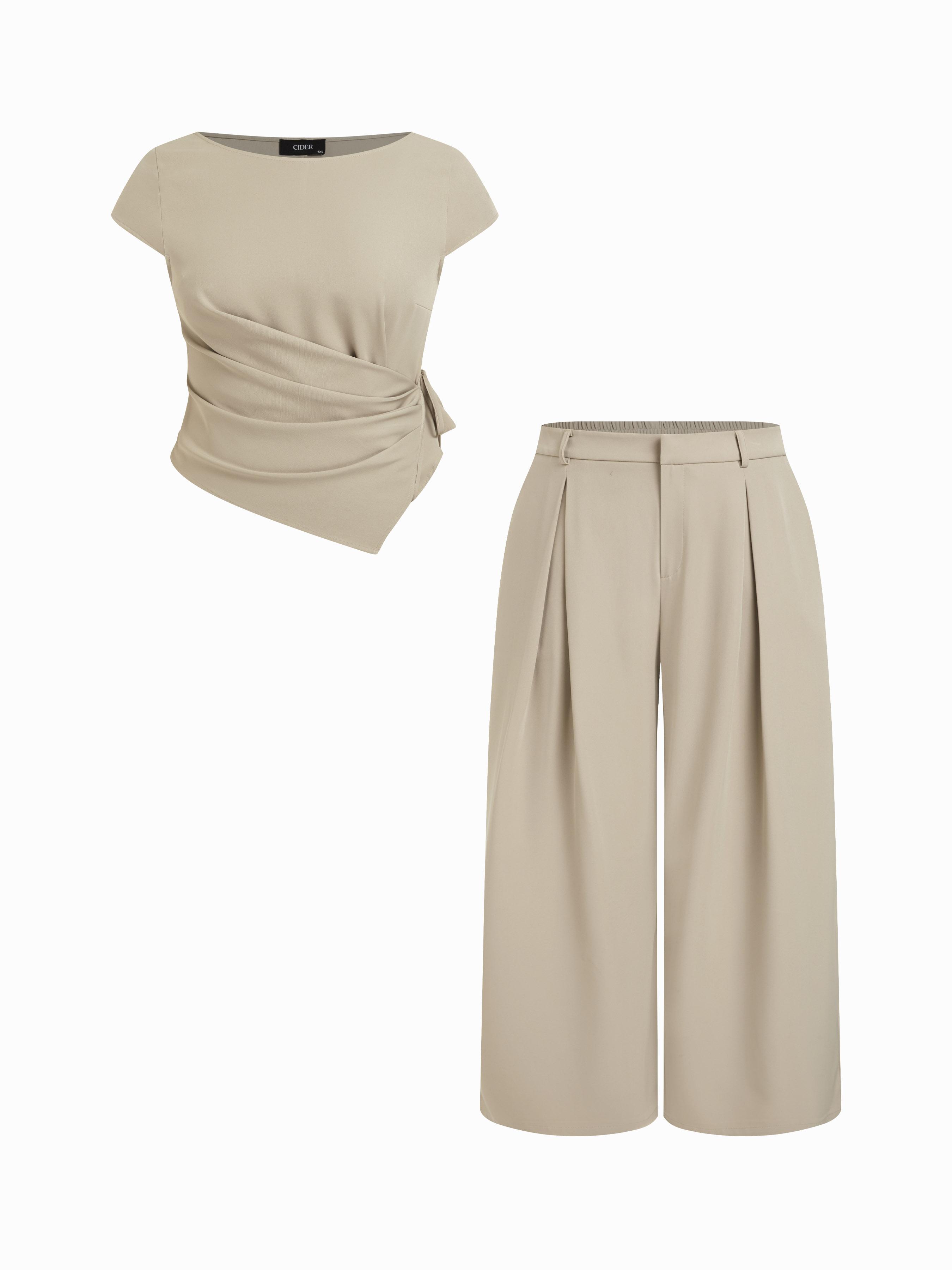 Striped Boat Neck Wrap Top & Mid Rise Wide Leg Trousers Set Curve & Plus by CIDER