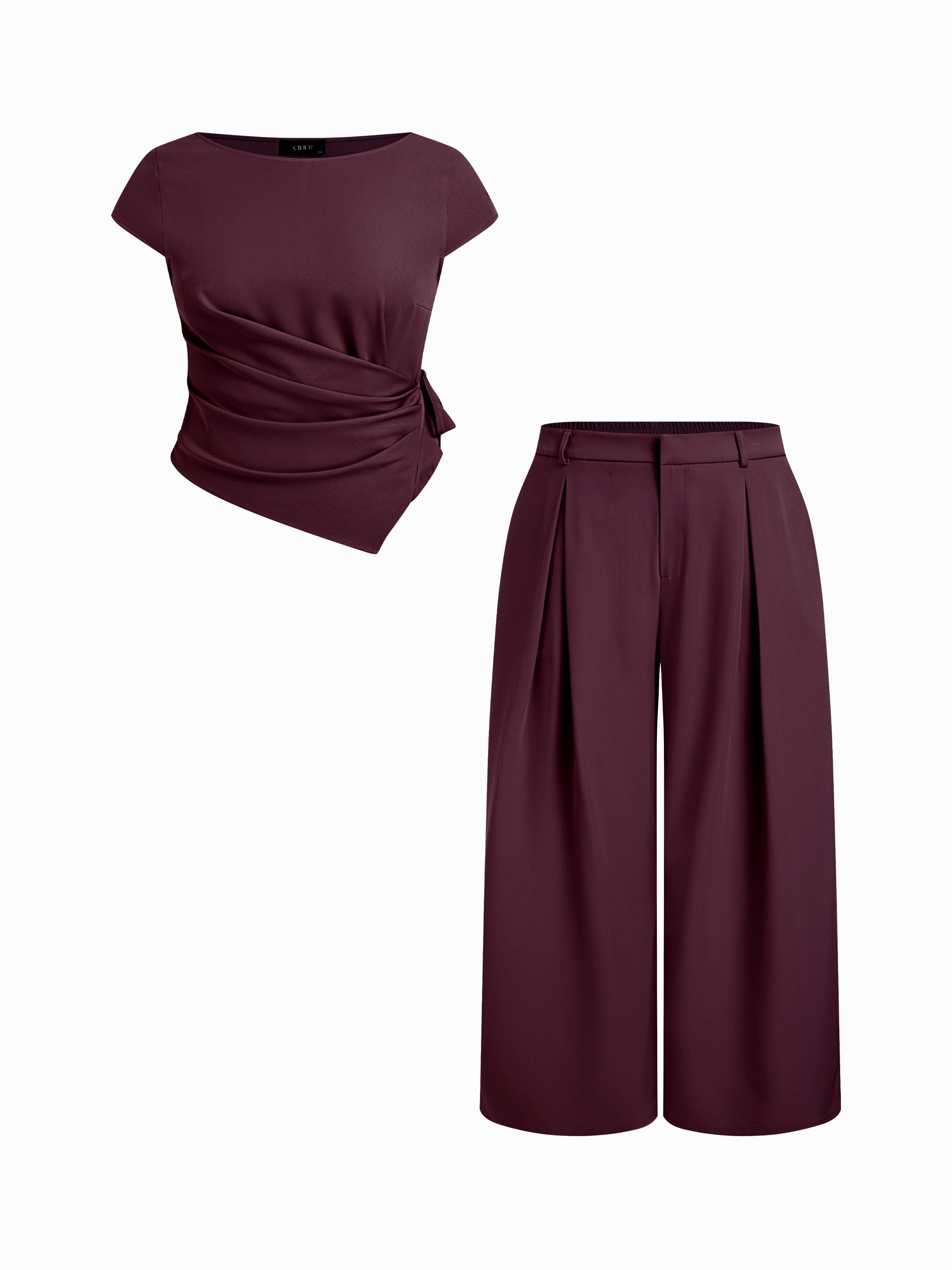 Striped Boat Neck Wrap Top & Mid Rise Wide Leg Trousers Set Curve & Plus by CIDER