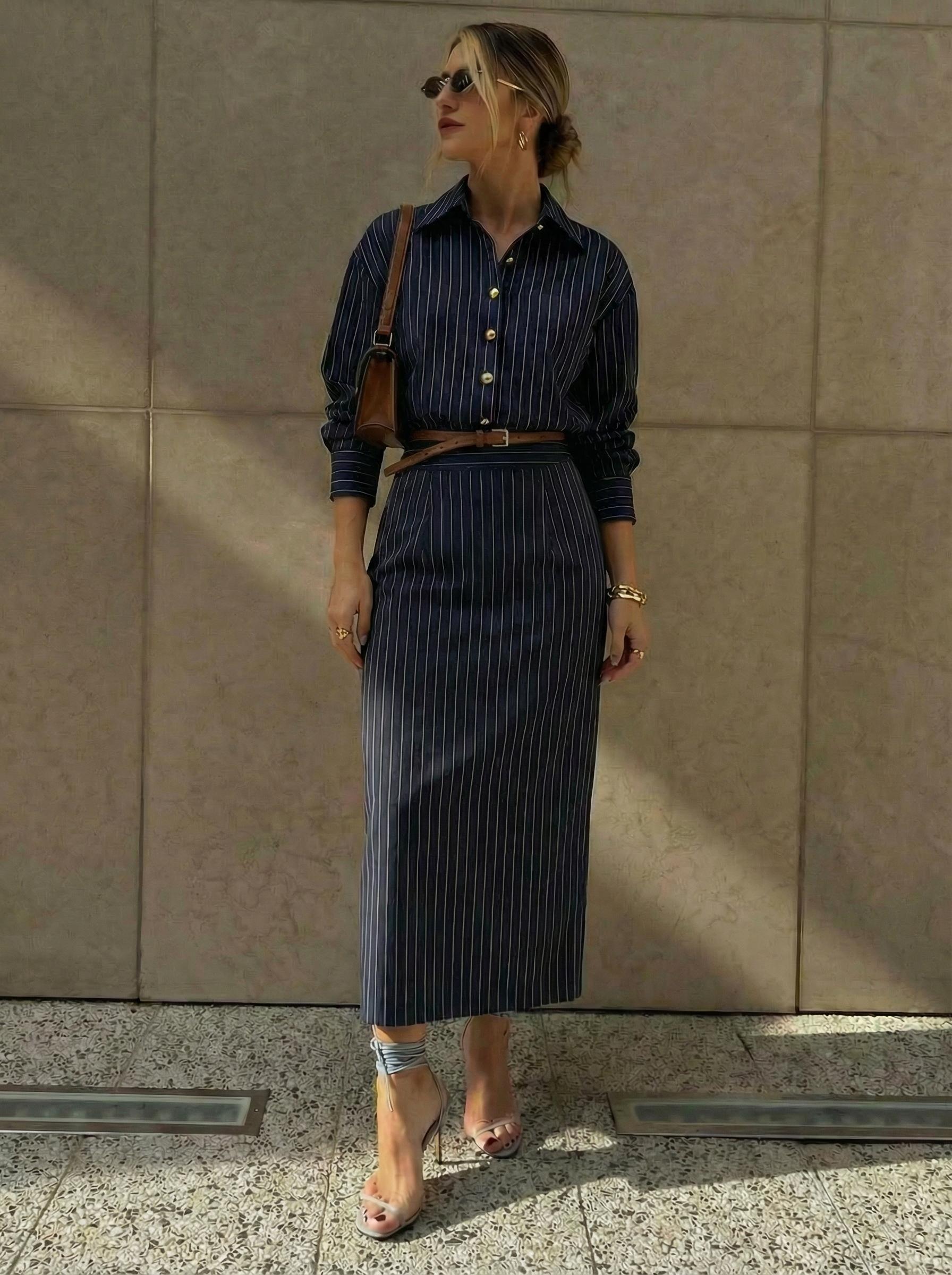 Striped Collar Button Front Maxi Dress by CIDER