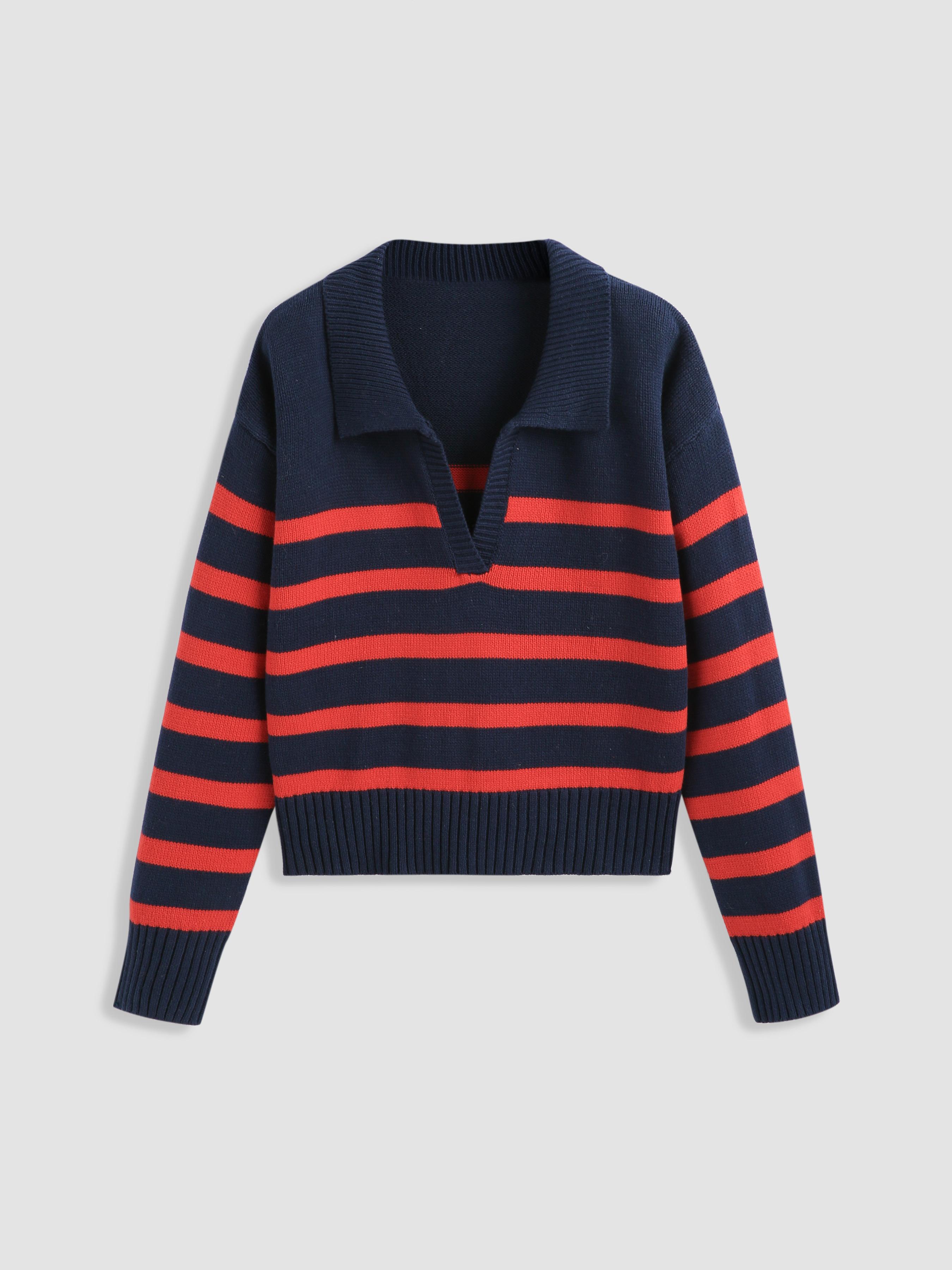Striped Collar Knit Polo Top by CIDER