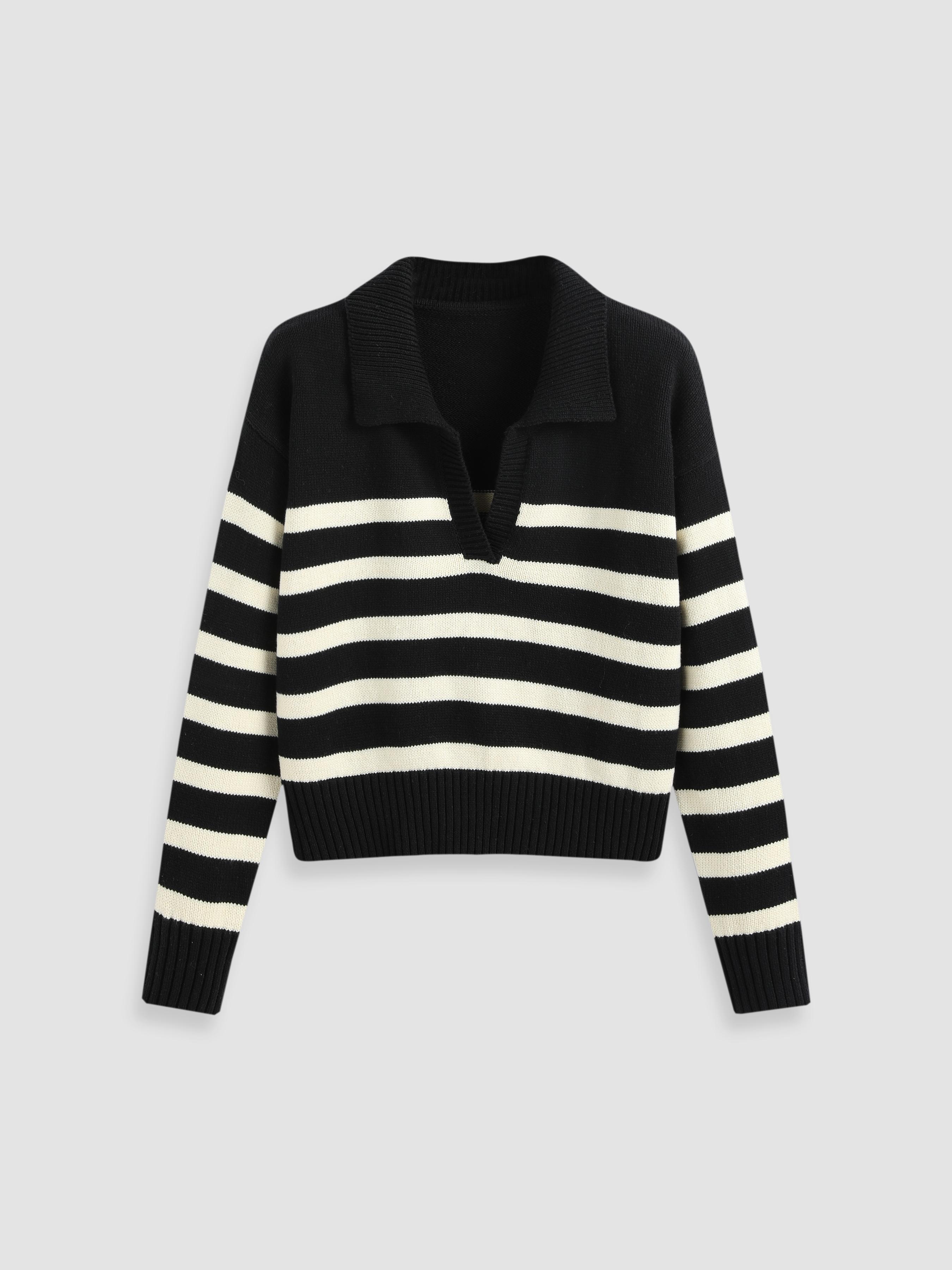 Striped Collar Knit Polo Top by CIDER