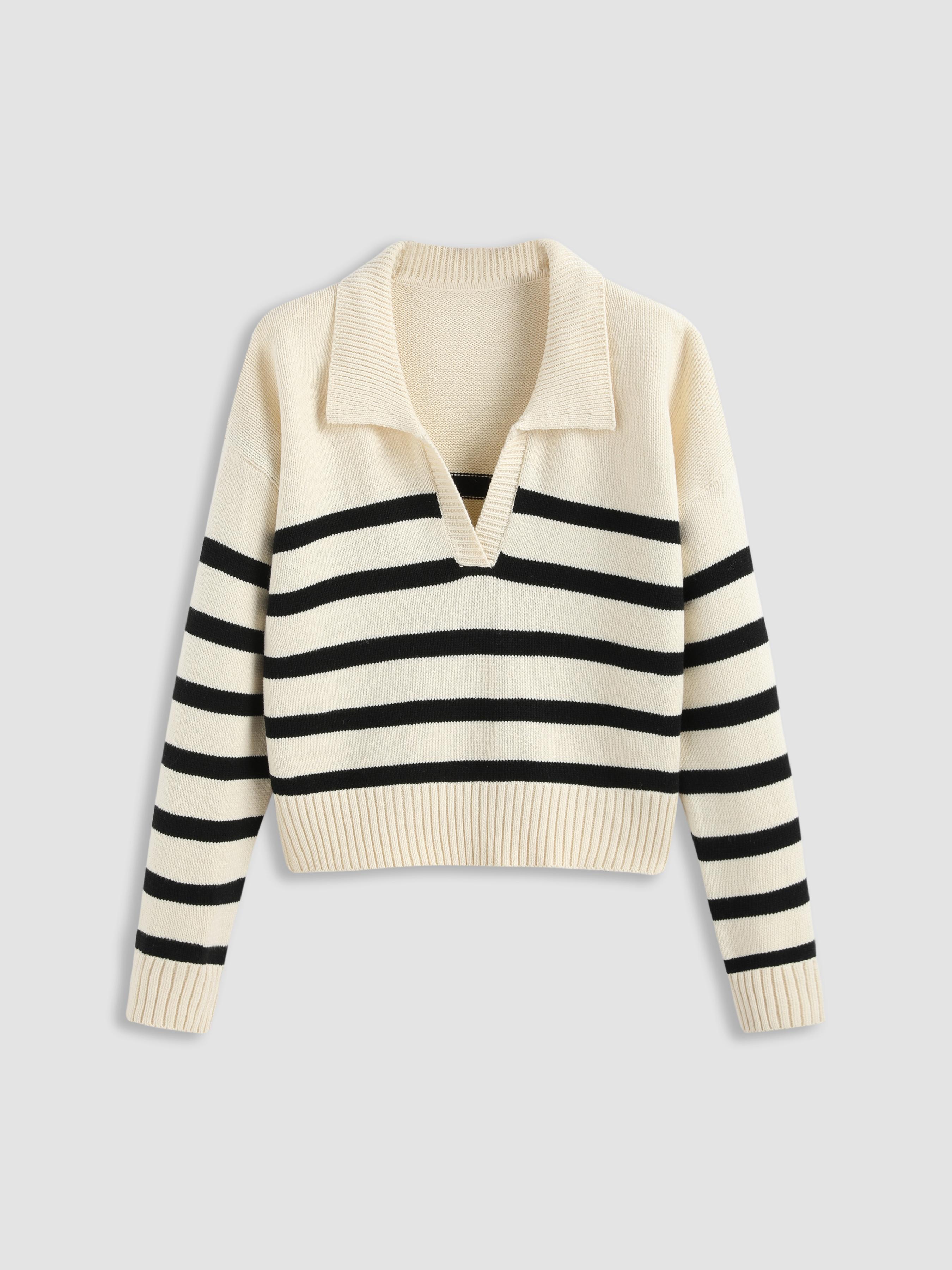 Striped Collar Knit Polo Top by CIDER