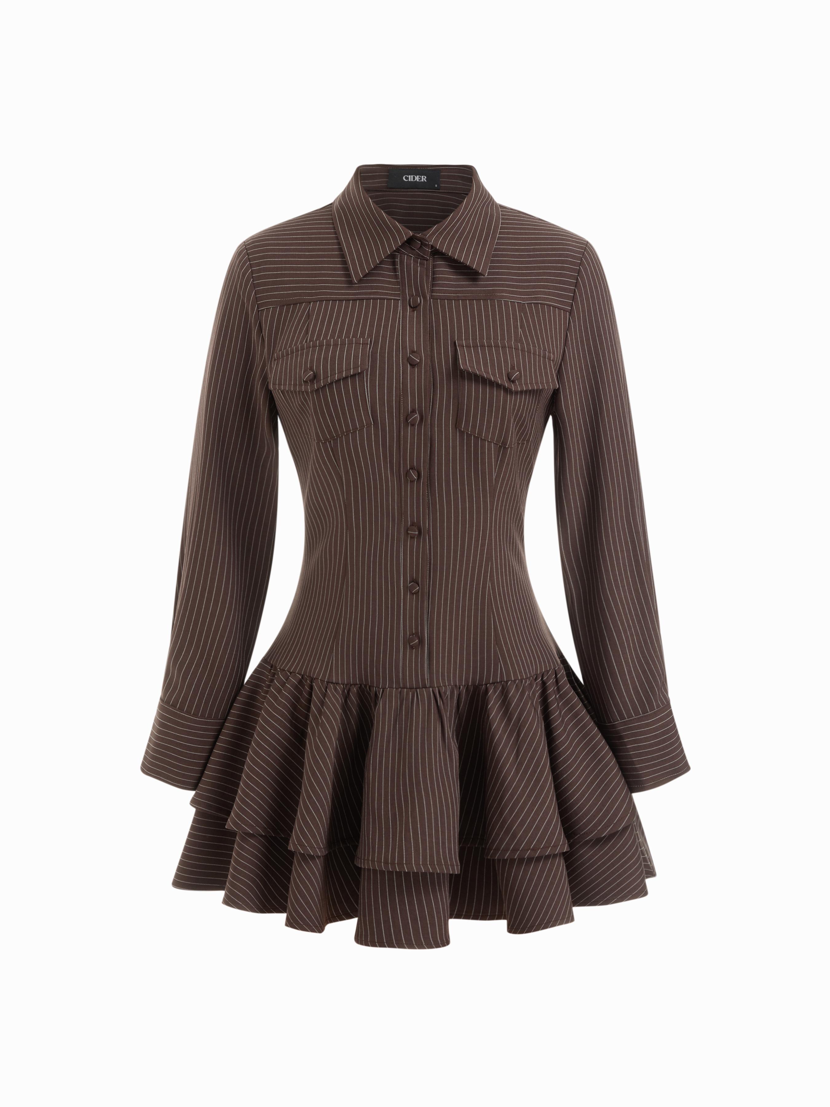 Striped Collar Long Sleeve Button Lace Up Layered Mini Dress by CIDER