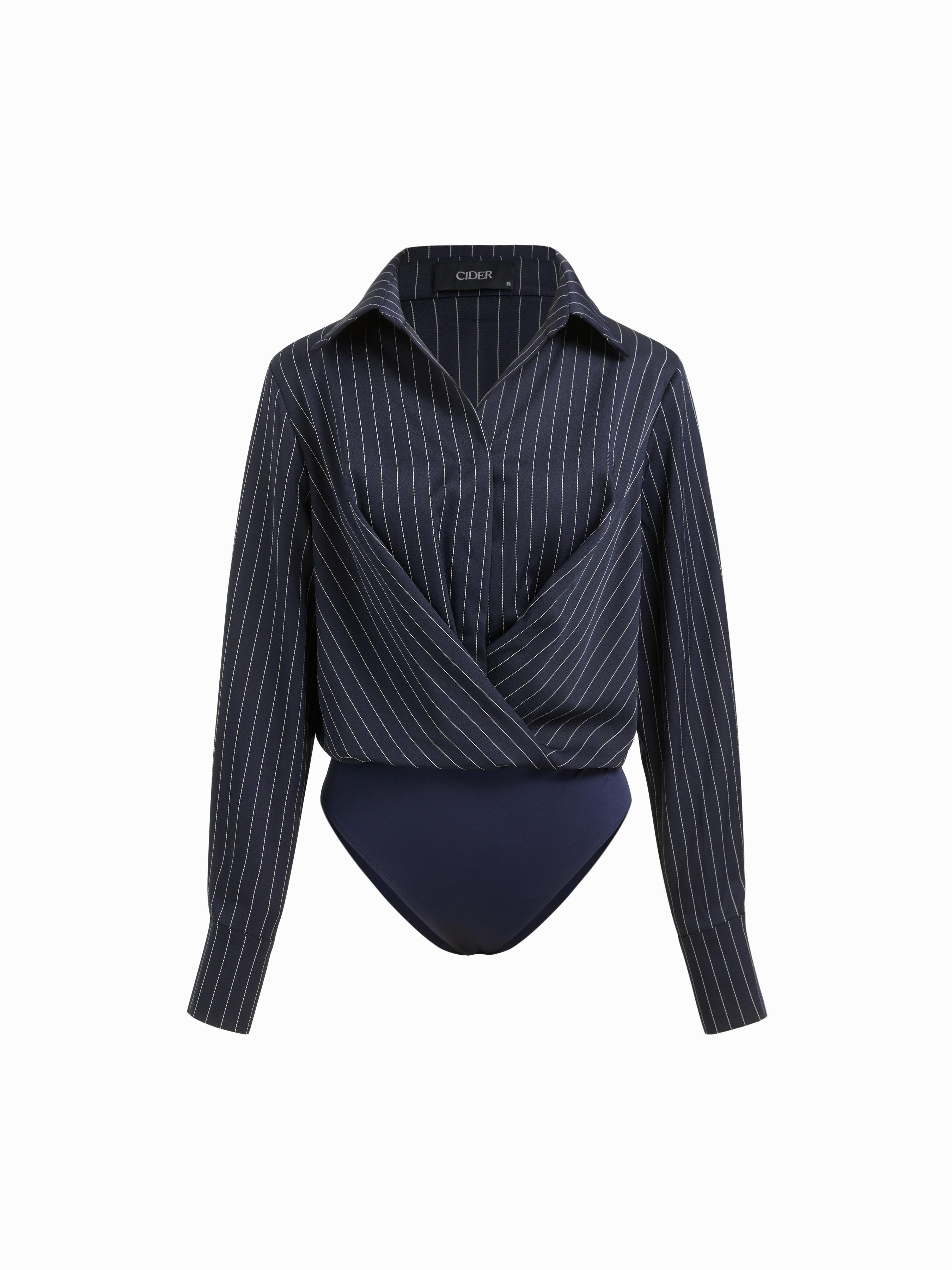 Striped Collar Long Sleeve Wrap Shirt Bodysuit by CIDER