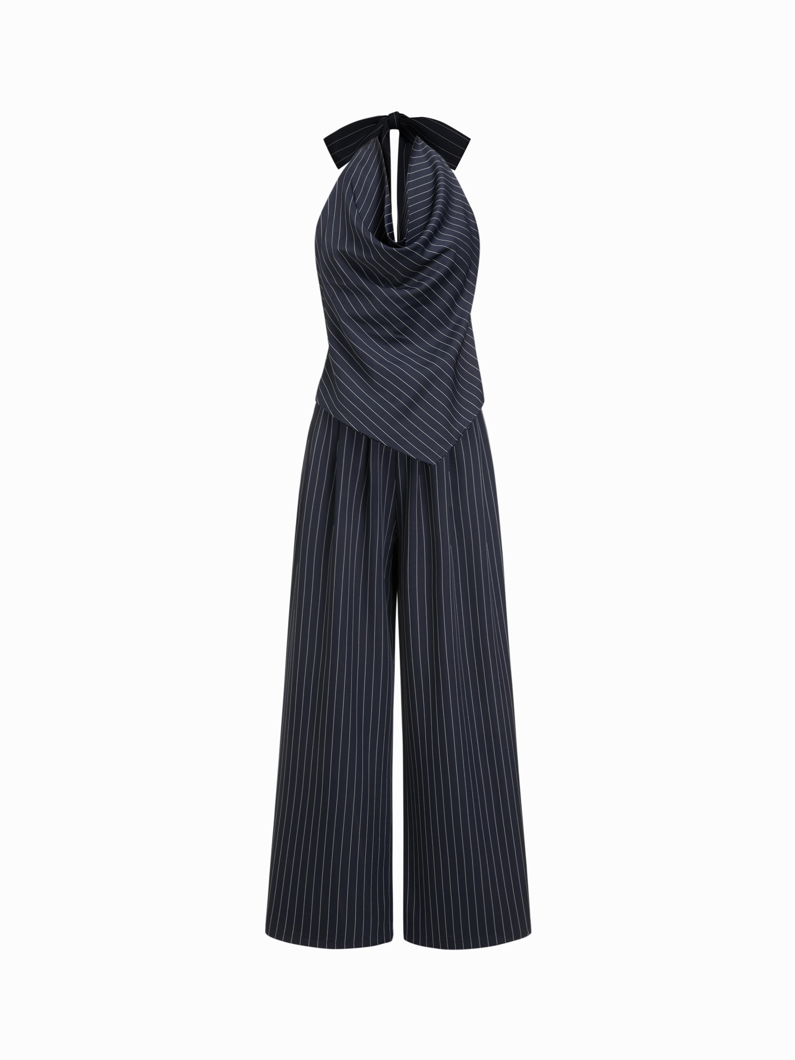 Striped Cowl Neck Tie Back Wide Leg Jumpsuit by CIDER
