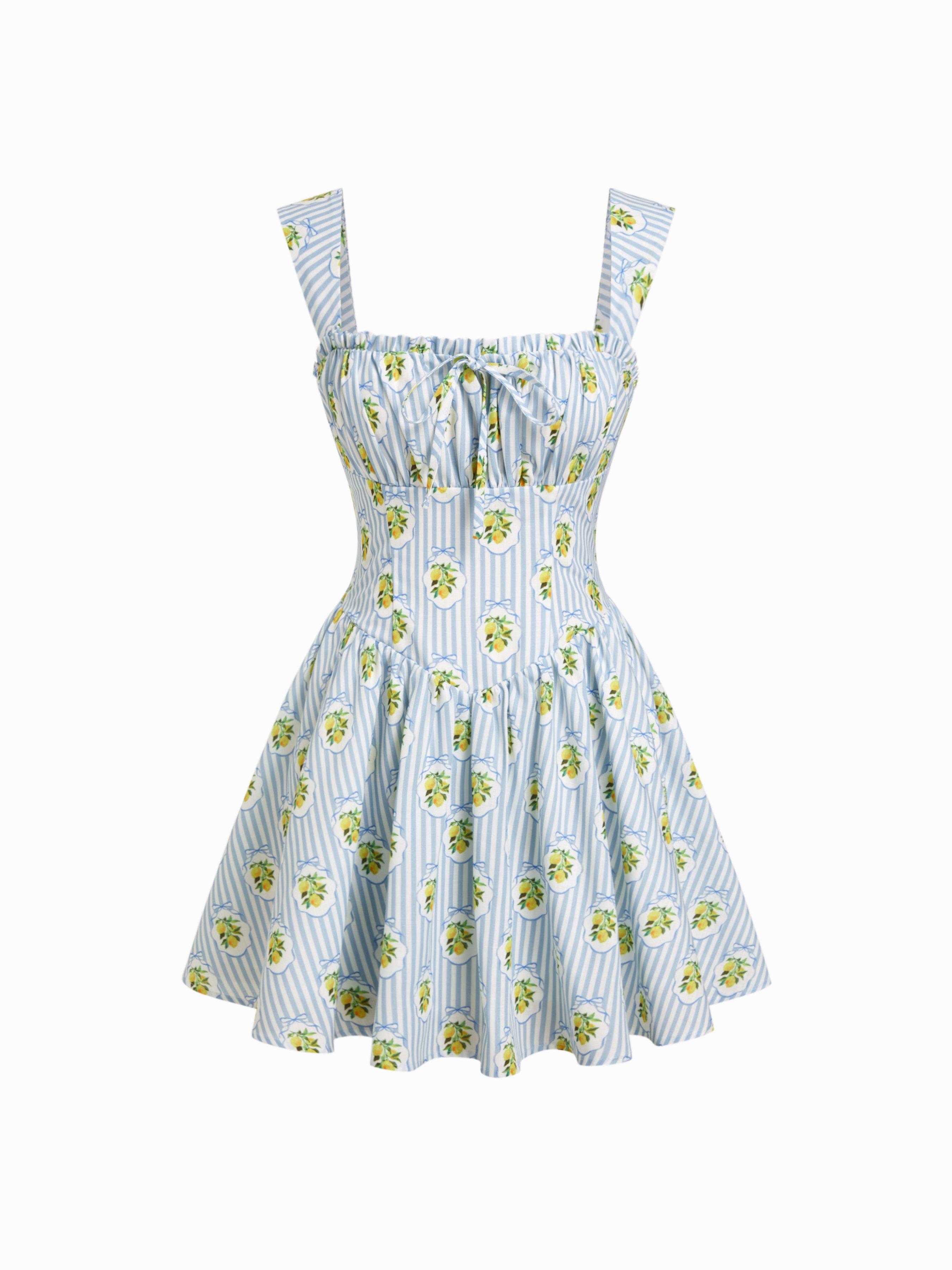 Striped Fruit Graphic Square Neck Knotted Ruffled A-line Mini Dress by CIDER