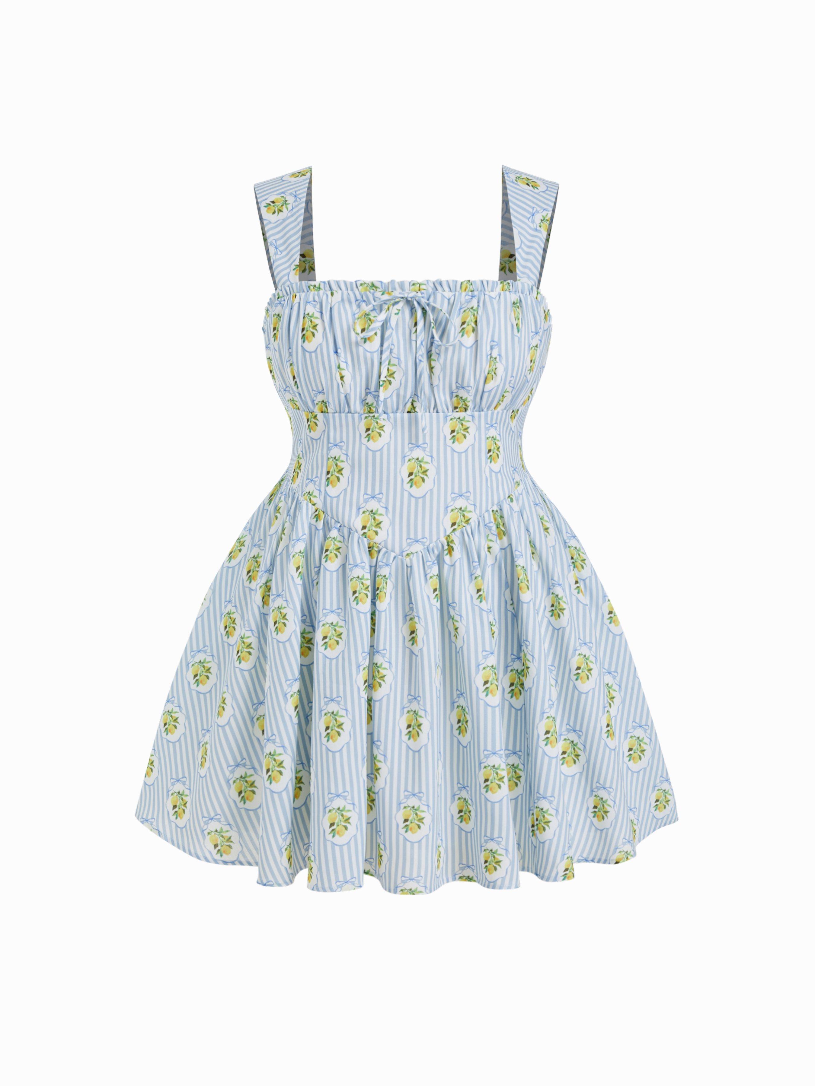 Striped Fruit Graphic Square Neck Knotted Ruffled Flared Mini Dress Curve & Plus by CIDER