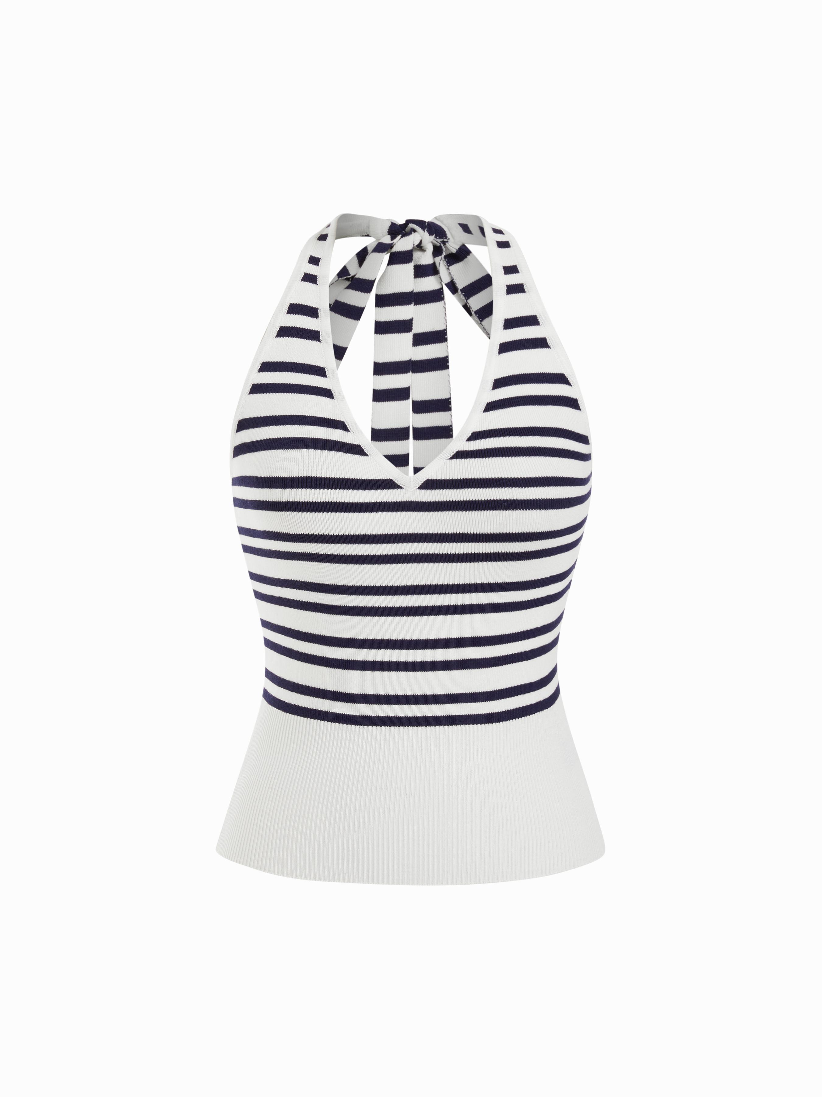 Striped Halter Neck Color-Blocking Knit Top by CIDER