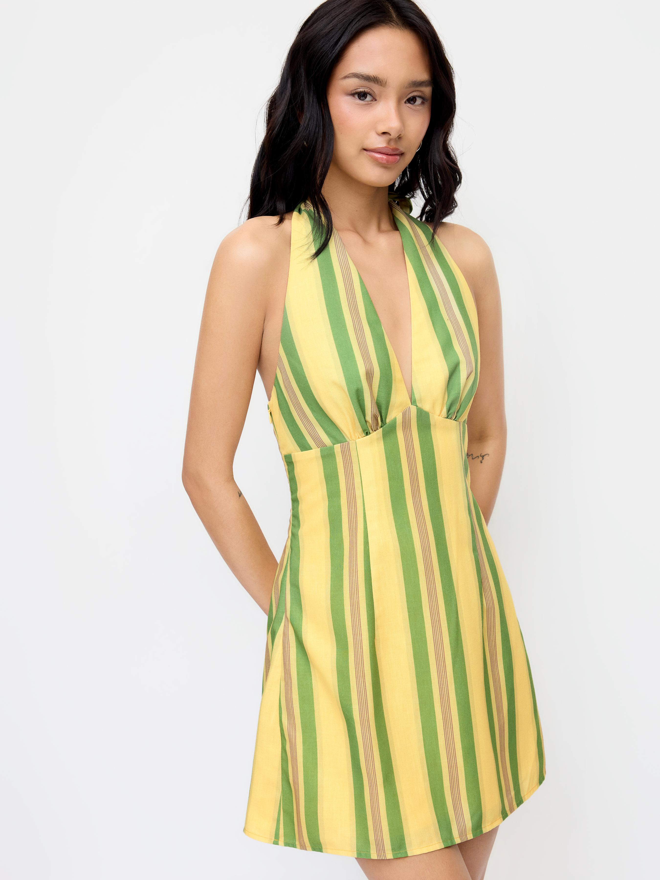 Striped Halter Neck Mid Rise A-line Mini Dress by CIDER