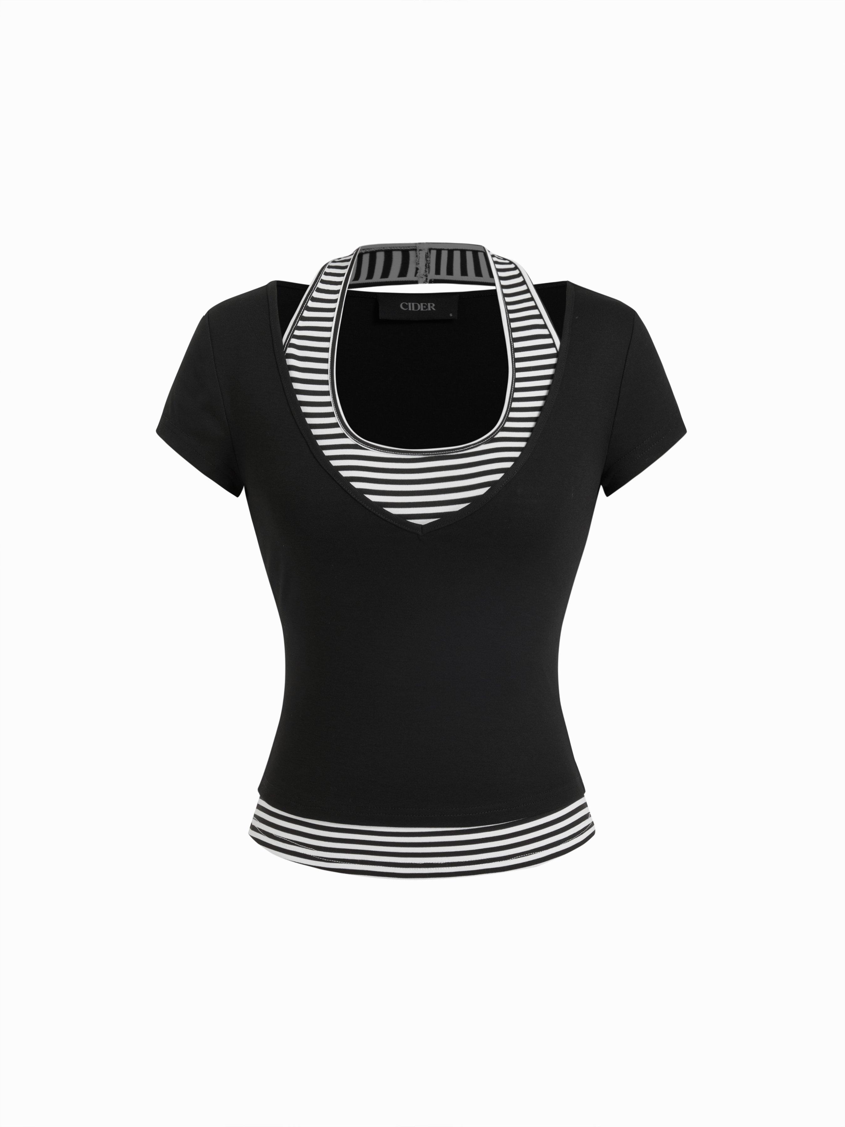 Striped Halter Neck Sleeveless Top & V-neck Short Sleeve Top by CIDER
