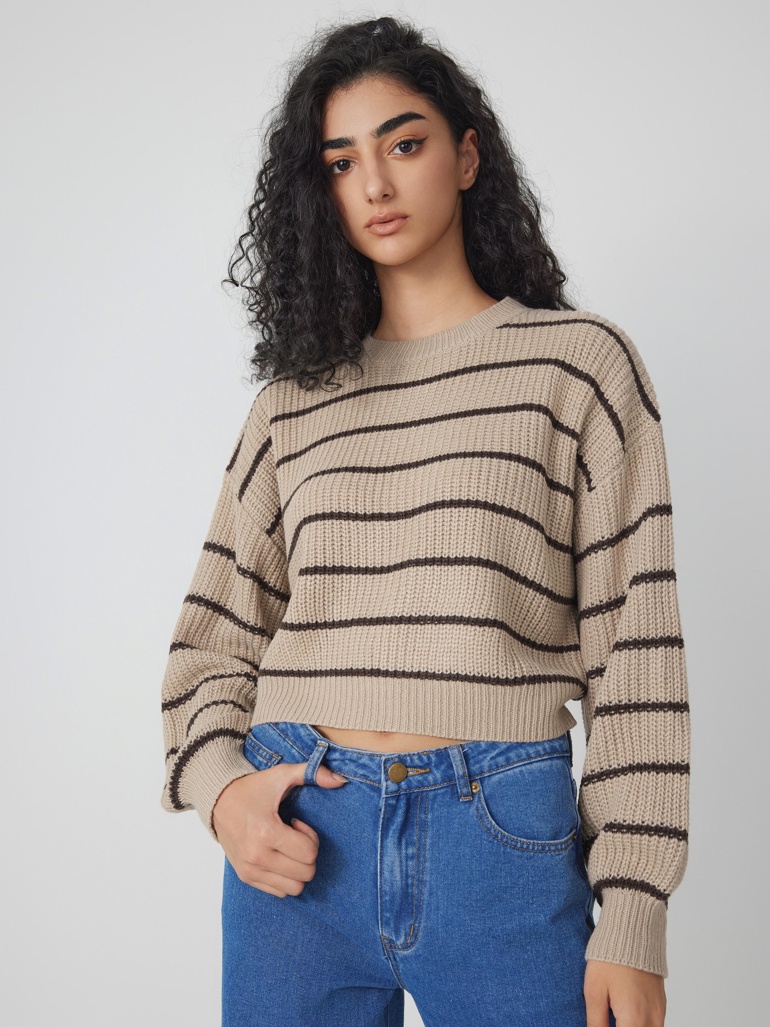 Striped Knit Round Neckline Long Sleeve Top by CIDER