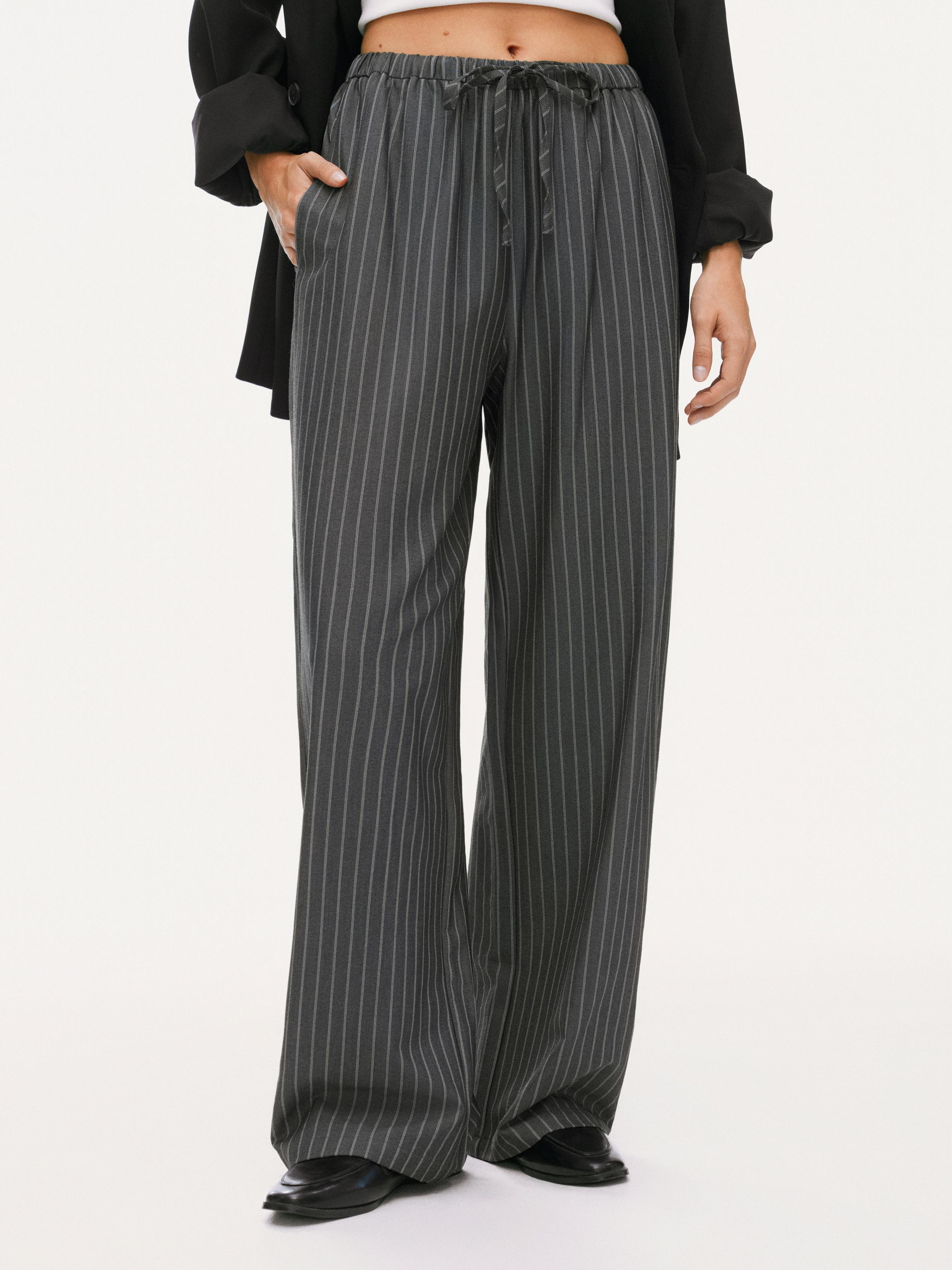 Striped Mid Rise Drawstring Straight Leg Trousers by CIDER