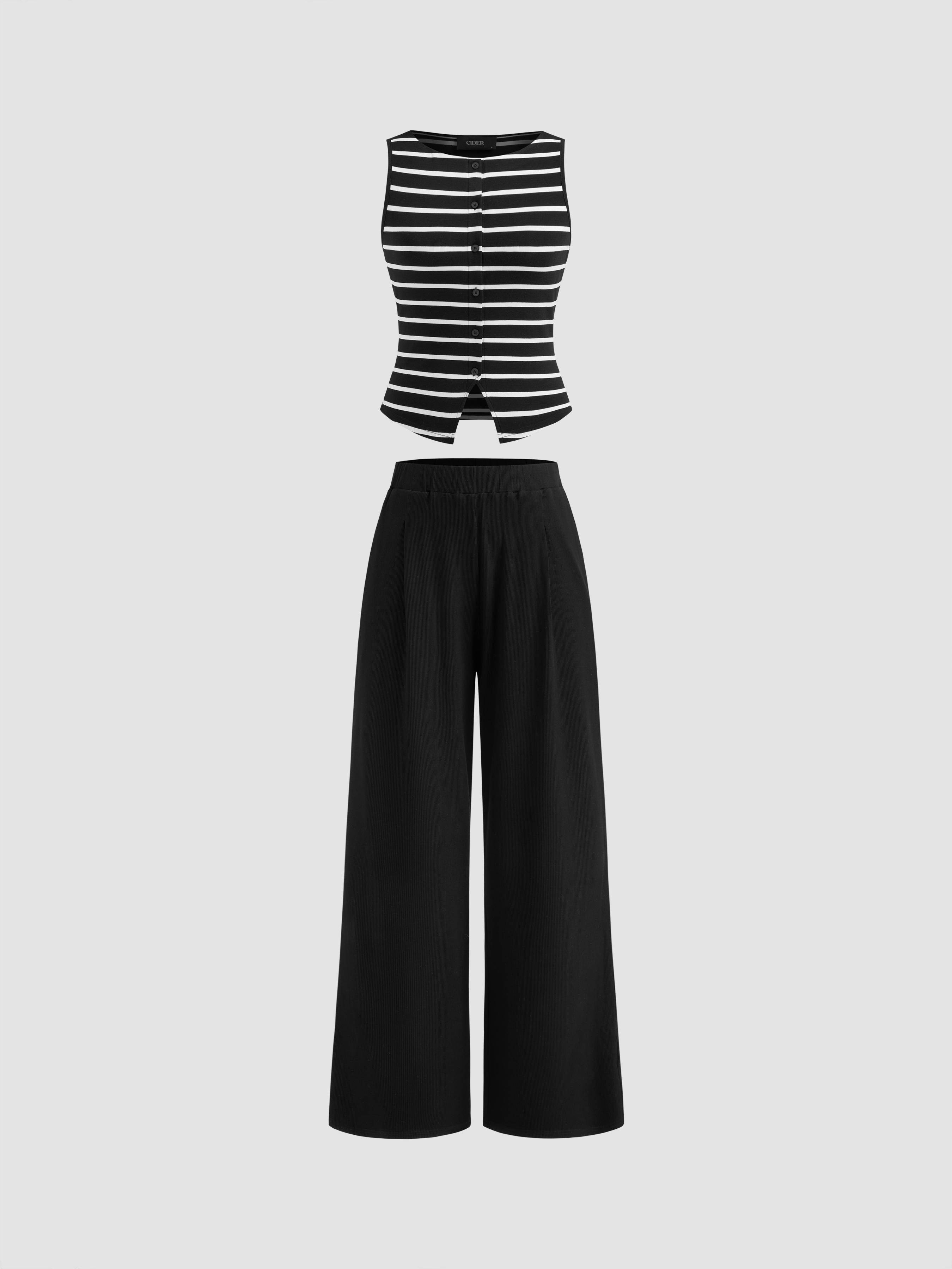 Striped Round Neckline Split Tank Top & Mid Rise Straight Leg Trousers Set by CIDER