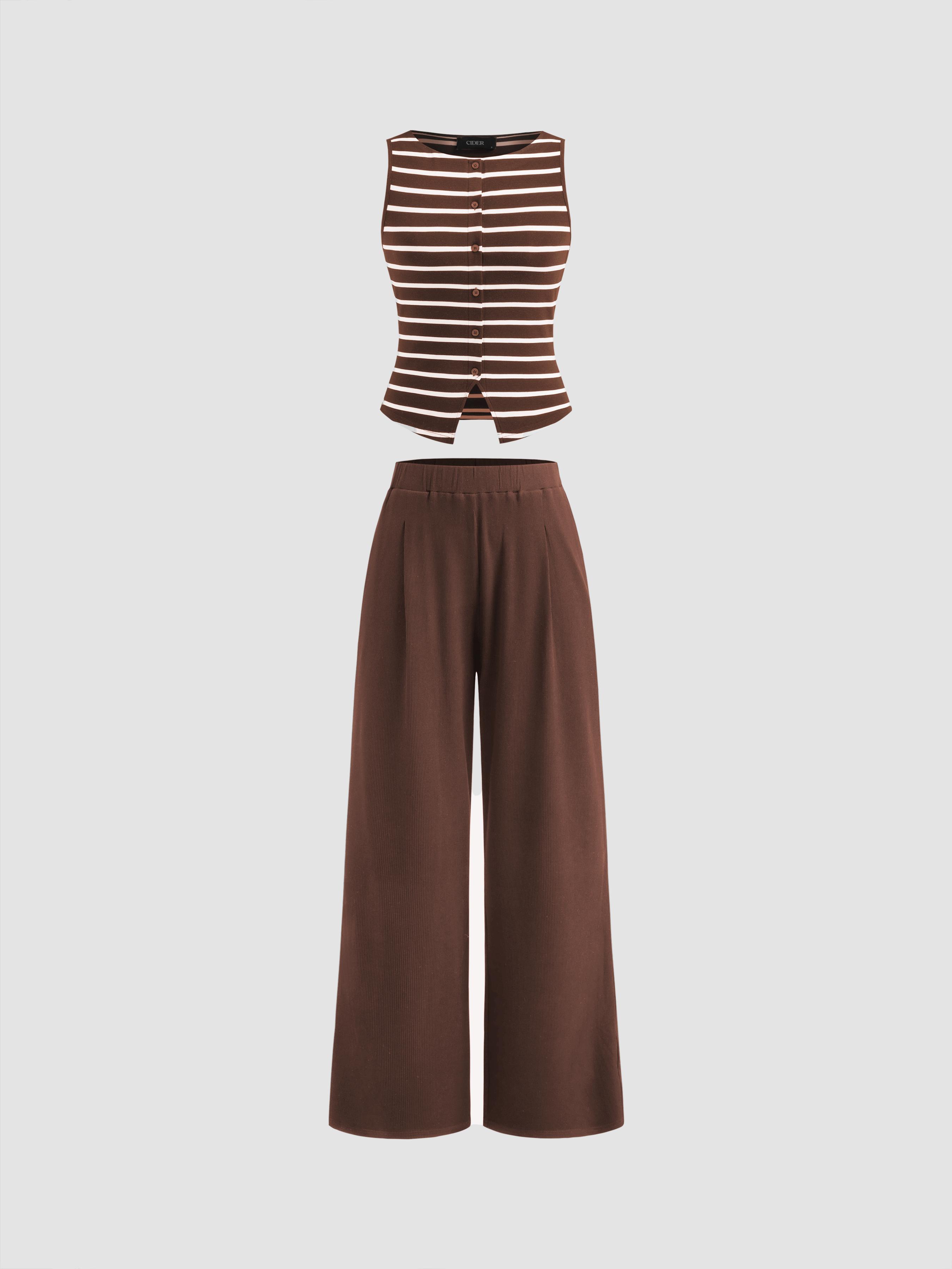Striped Round Neckline Split Tank Top & Mid Rise Straight Leg Trousers Set by CIDER