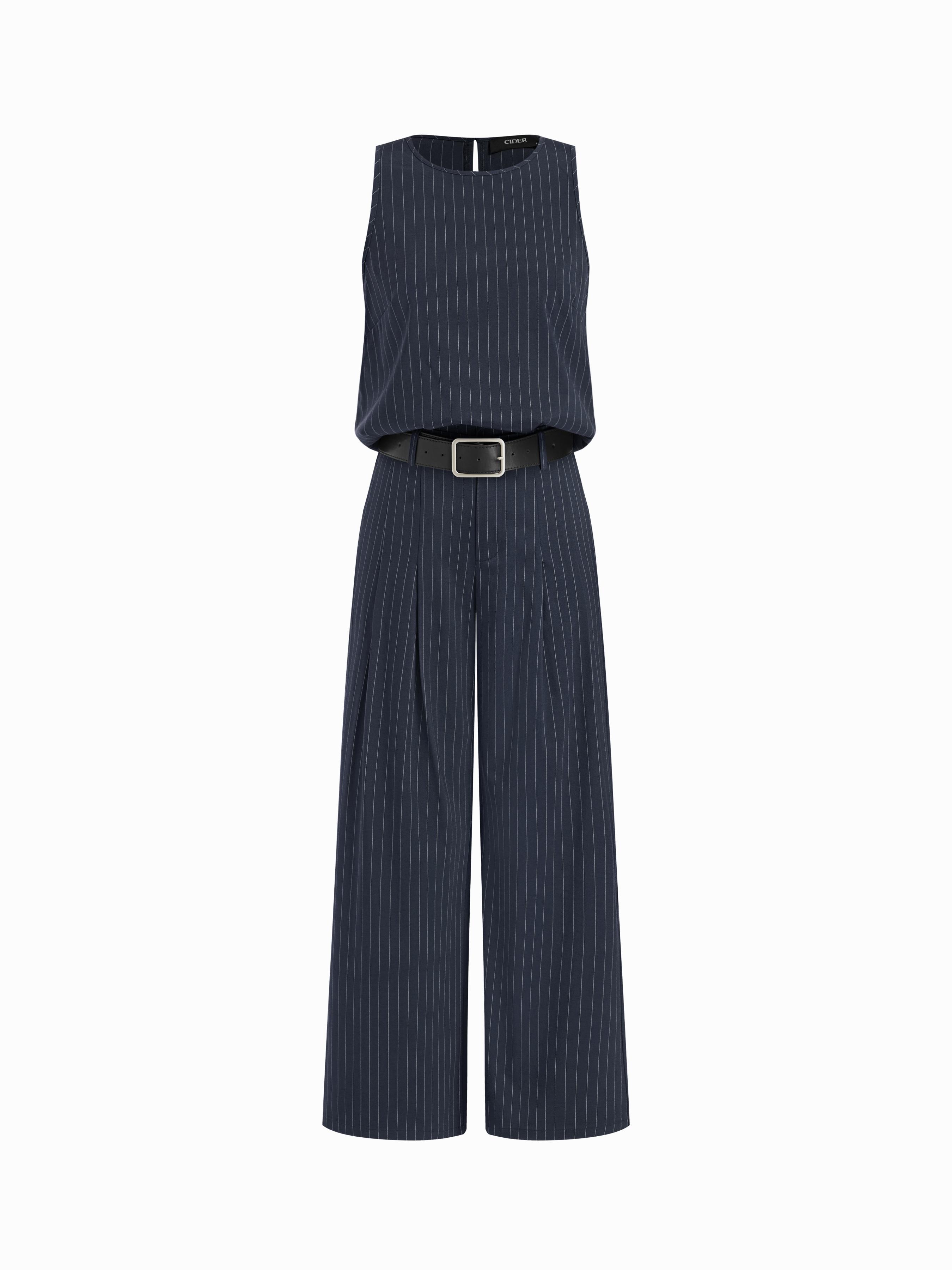 Striped Sleeveless Top & Mid Rise Straight Leg Belted Trousers Set by CIDER