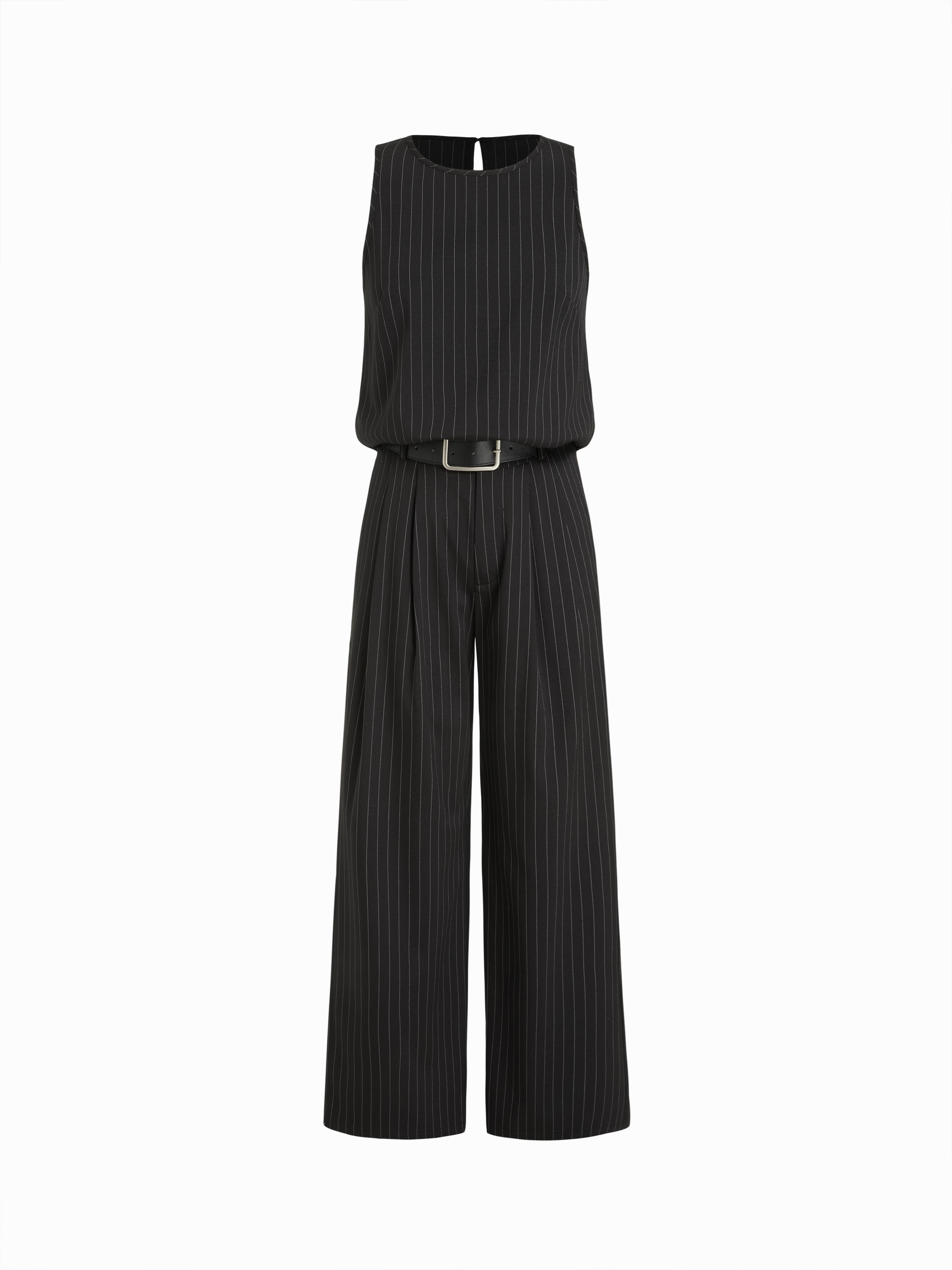 Striped Sleeveless Top & Mid Rise Straight Leg Belted Trousers Set by CIDER