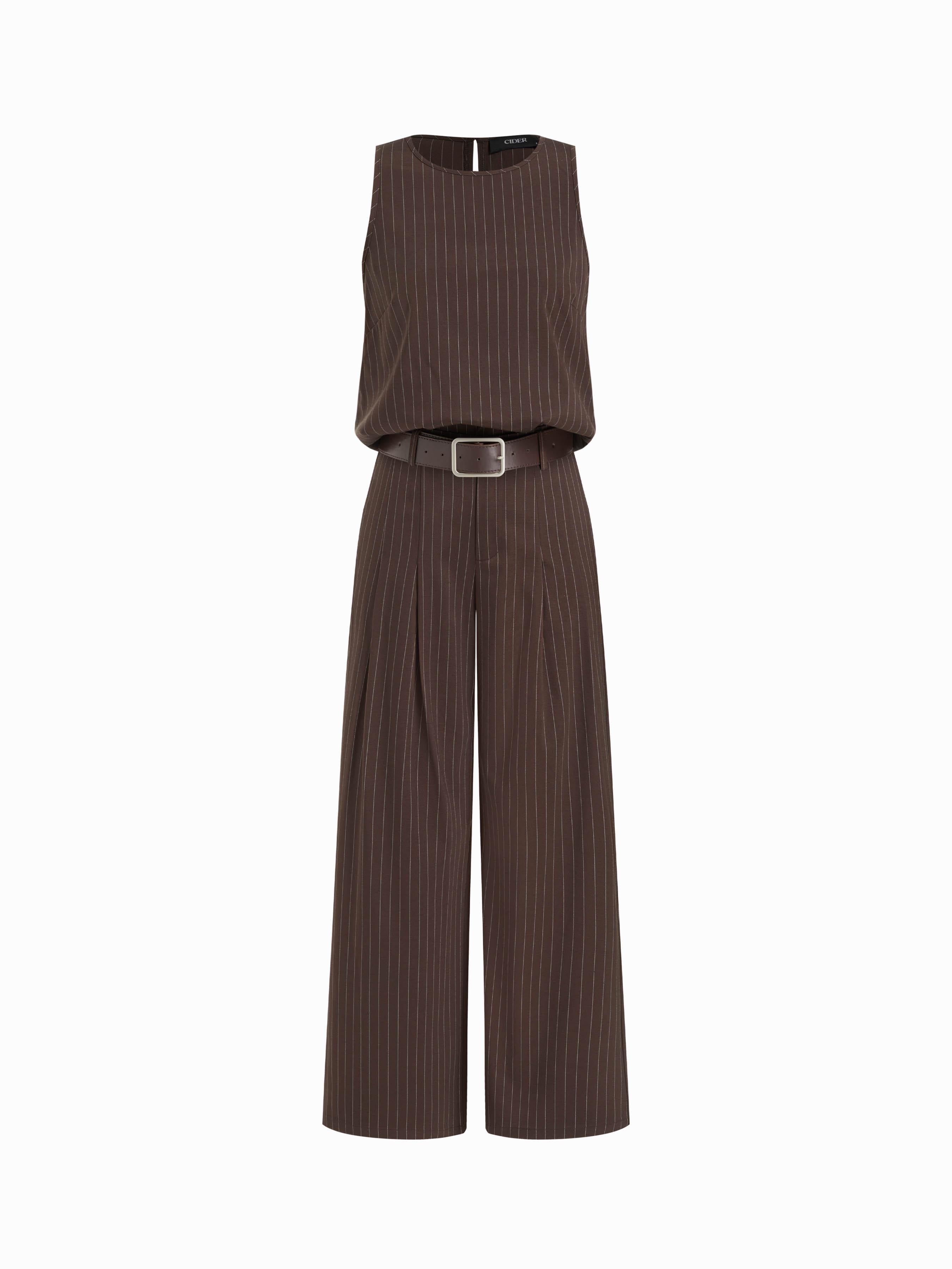 Striped Sleeveless Top & Mid Rise Straight Leg Belted Trousers Set by CIDER
