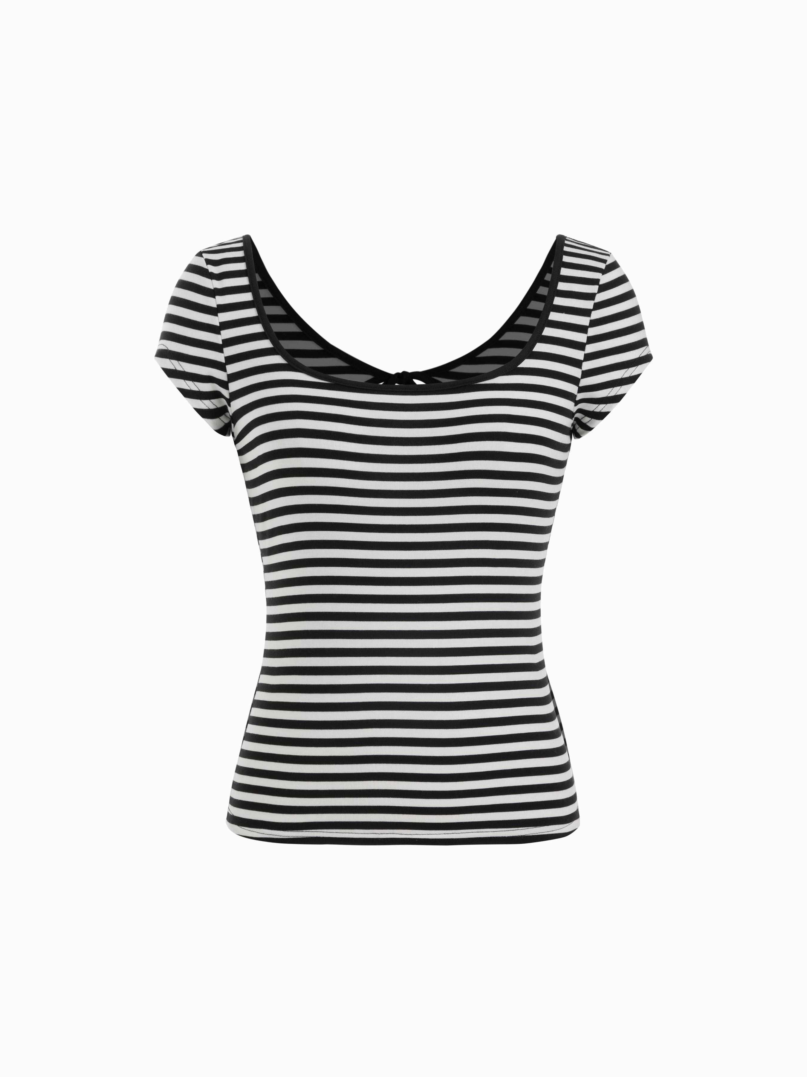 Striped Square Neck Cut Out Backless Short Sleeve Tee by CIDER