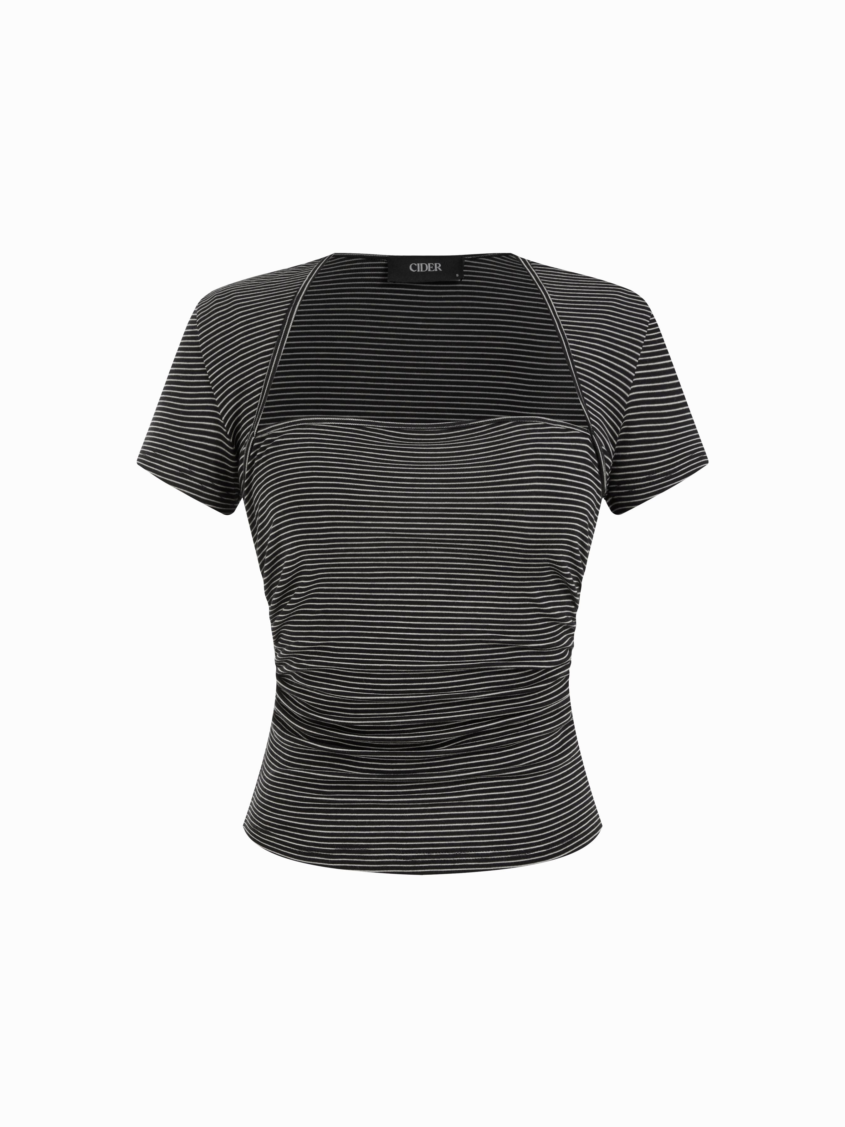 Striped Square Neck Ruched Short Sleeve Top by CIDER