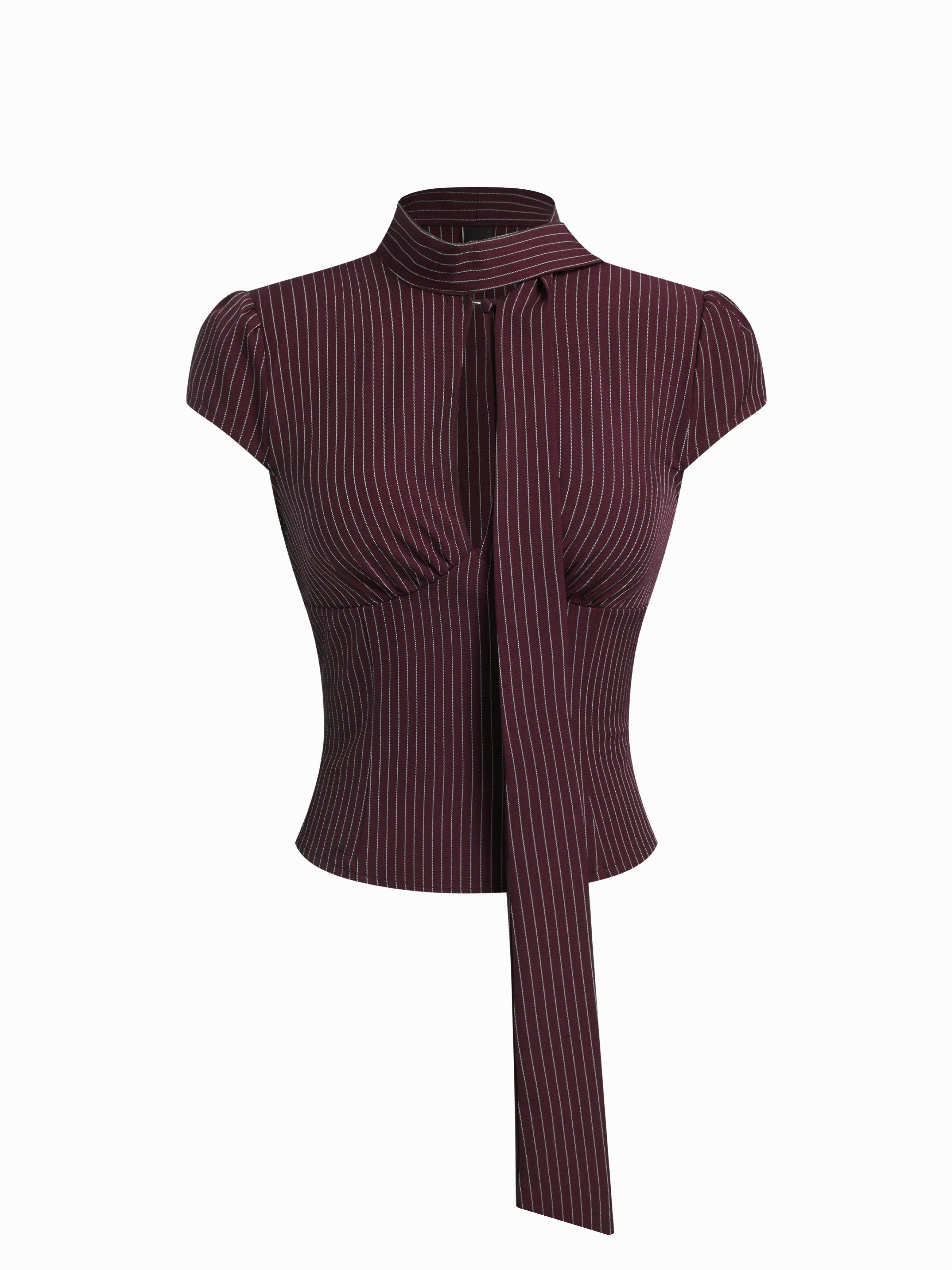 Striped Stand Collar Cut Out Blouse With Scarf by CIDER