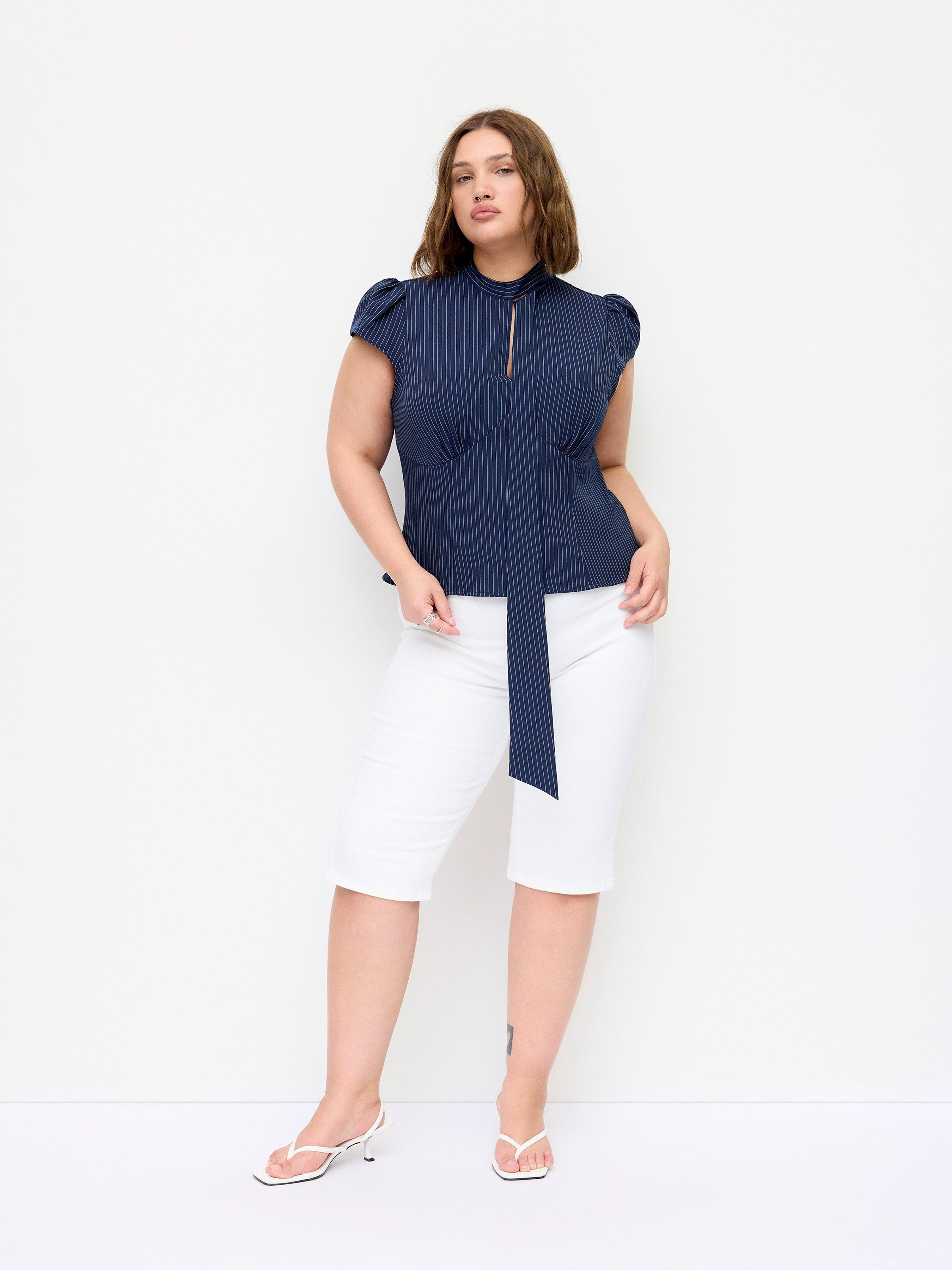 Striped Stand Collar Cut Out Blouse With Scarf Curve & Plus by CIDER