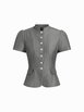 Striped Stand Collar Puff Sleeve Button Through Peplum Blouse by CIDER