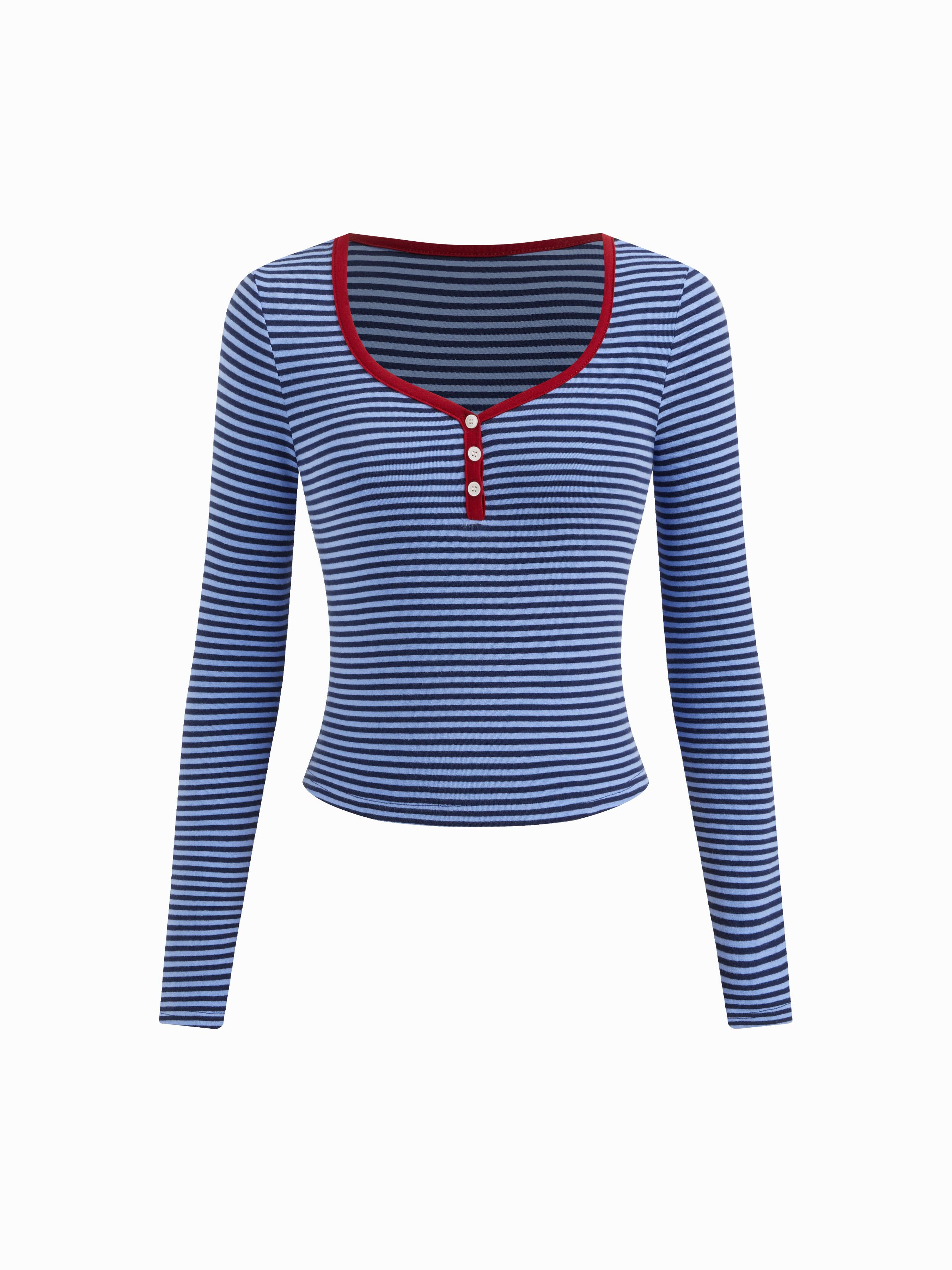 Striped Sweetheart Neck Long Sleeve Contrasting Binding Tee by CIDER