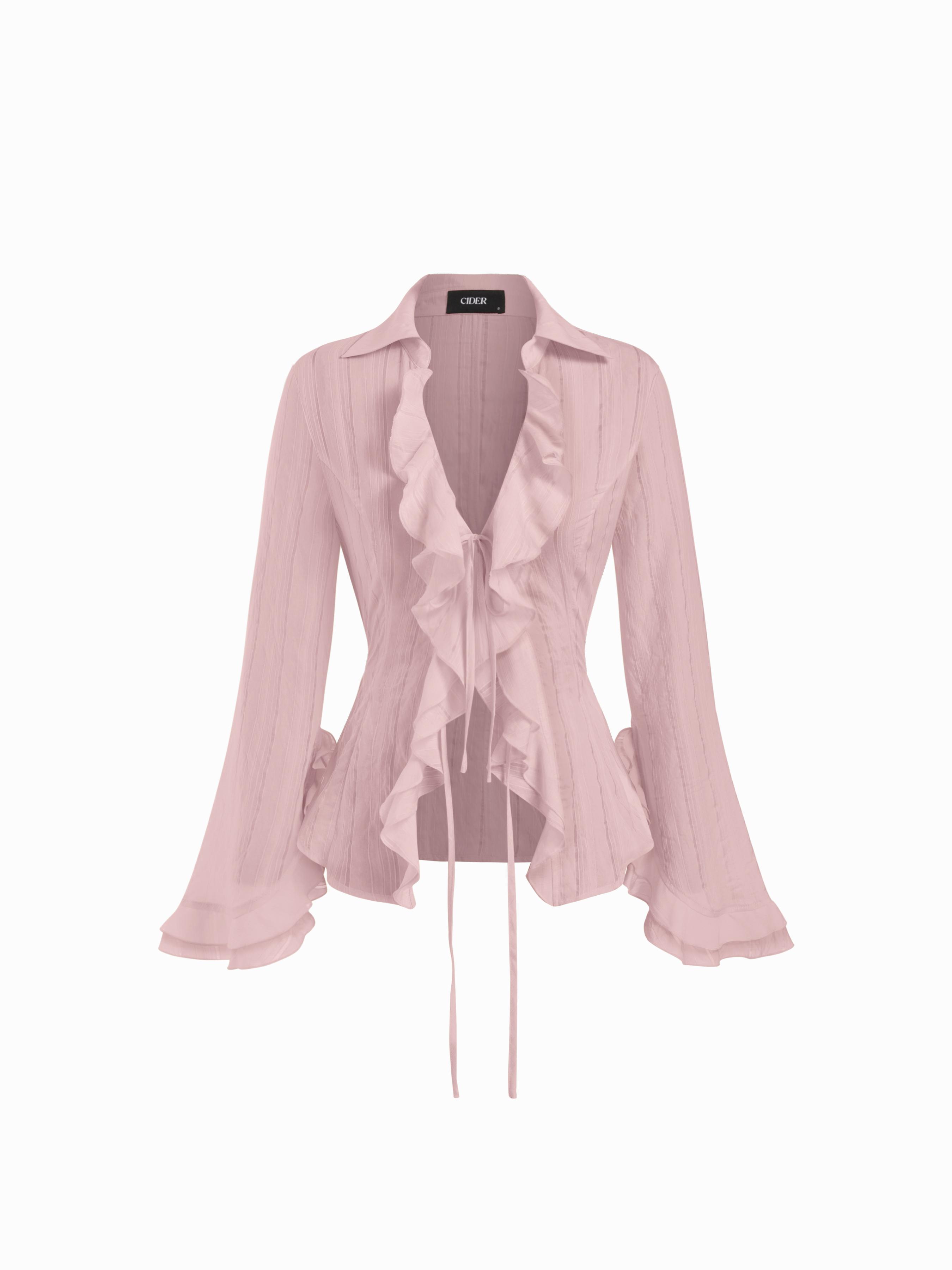 Striped Tie Front Cinched Waist Ruffle Sleeve Blouse by CIDER