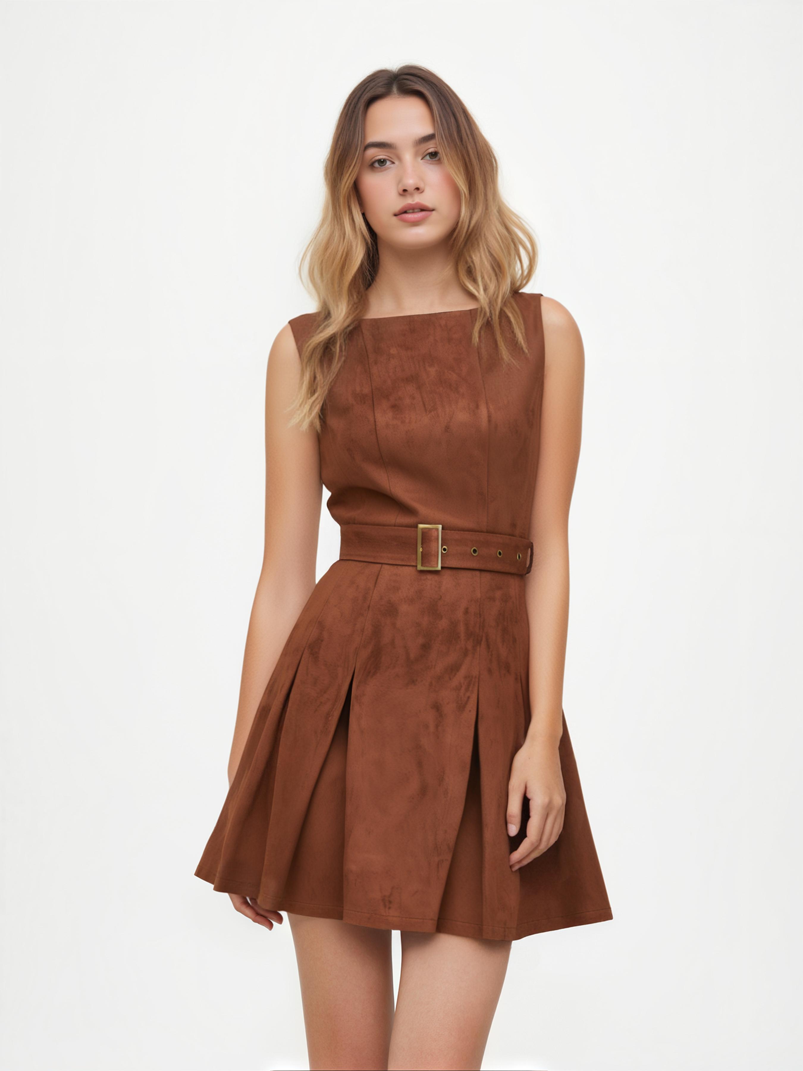 Suede Boat Neck Pleated Mini Dress With Belt by CIDER