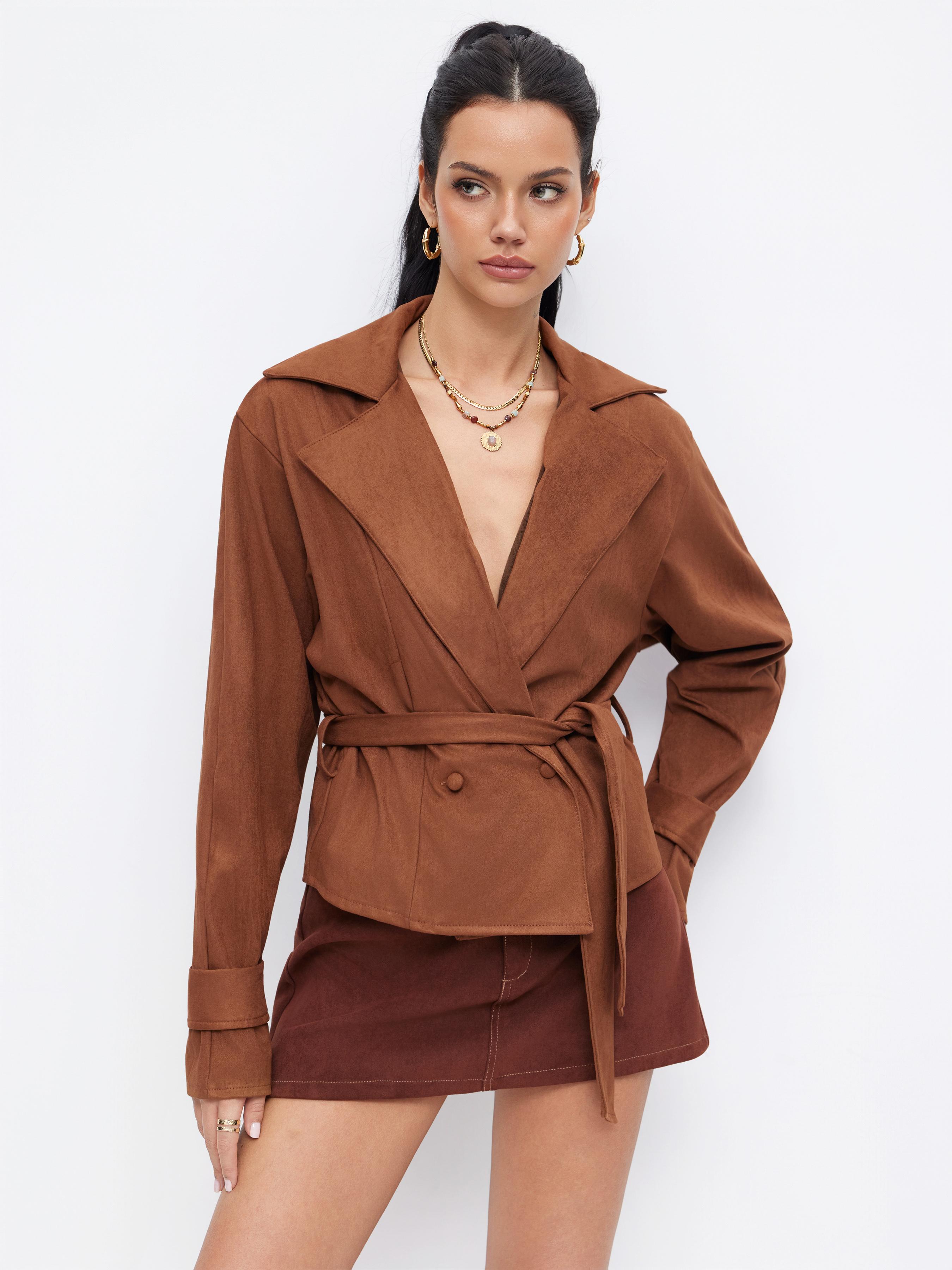 Suede Collar Double Breasted Solid Belted Jacket With Belt by CIDER Suede Collar Double Breasted Solid Belted Jacket With Belt by CIDER