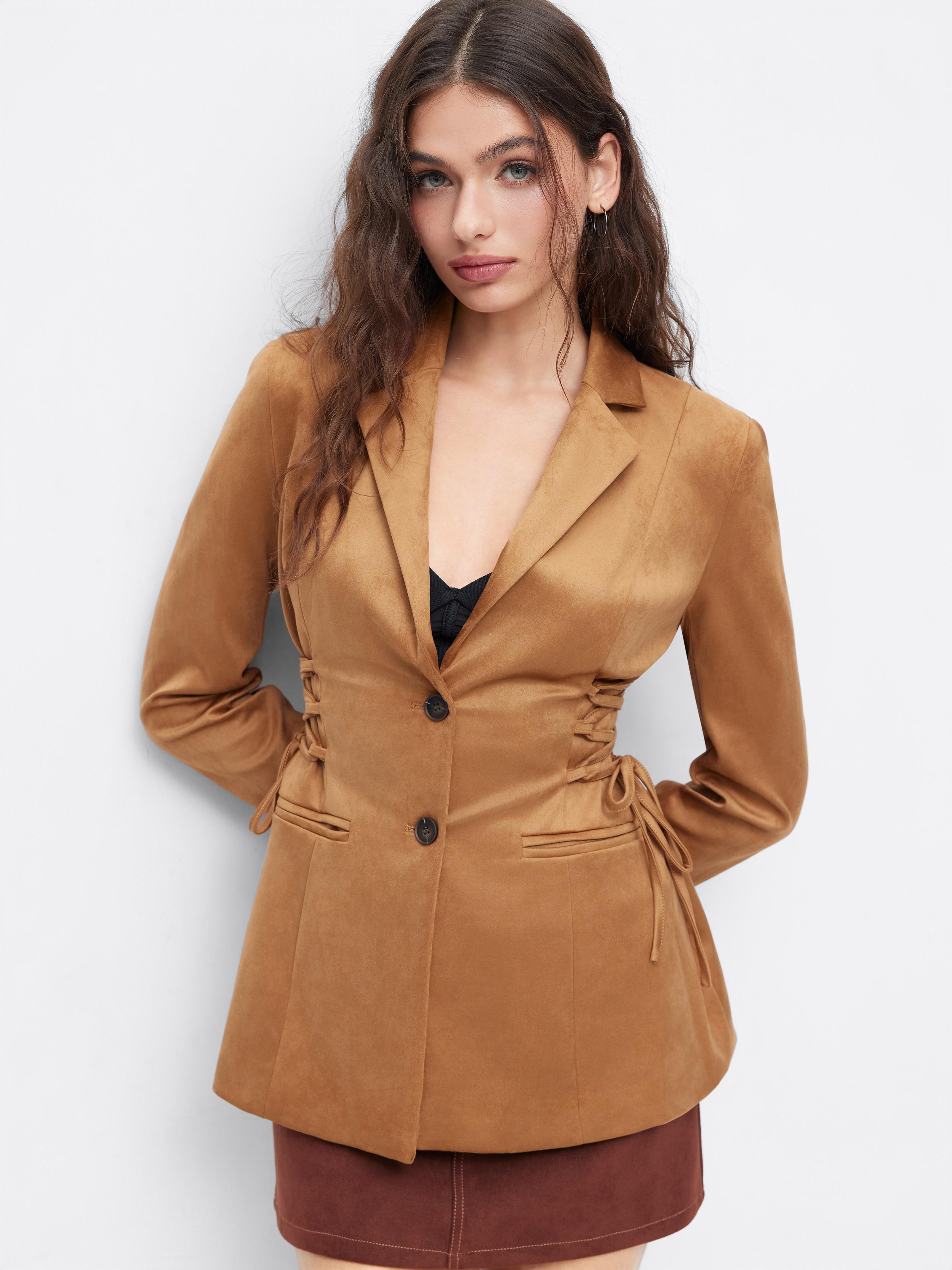 Suede Collar Lace Up Long Sleeve Blazer by CIDER
